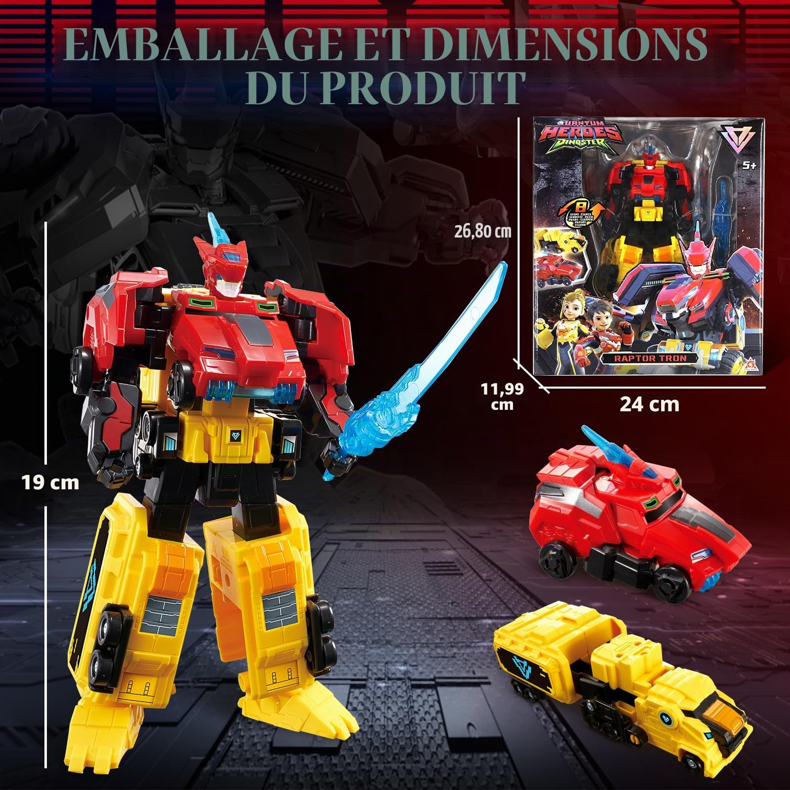QUANTUM HEROES DINOSTER Robot Transforming 2 en 1 Raptor Tron, 7,48 Pouces, Jouets Transformable pour Enfants, Jouets Transforming Chariot et Robot pour garçons et Filles de 5 6 7 8 9 10 Ans