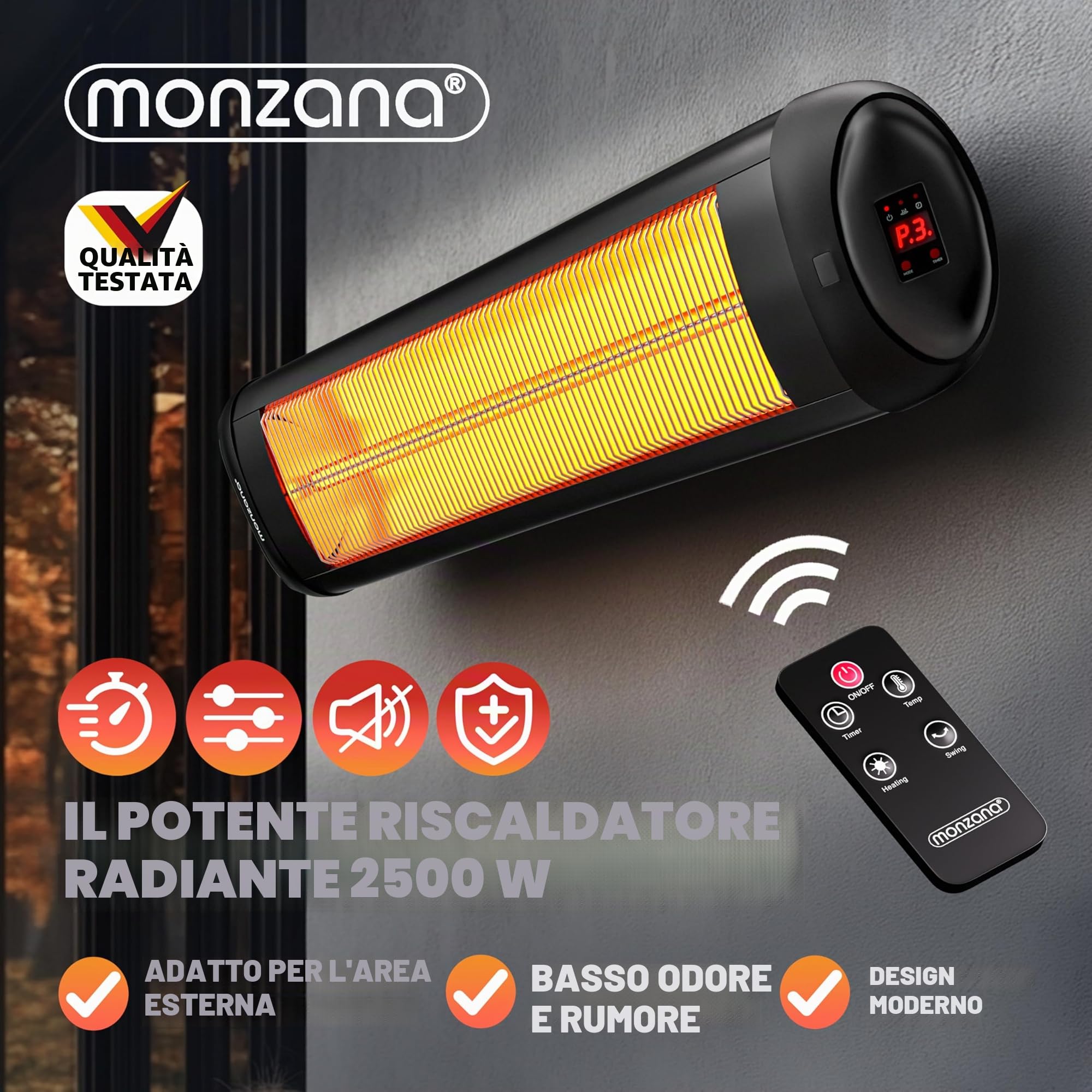 Monzana Stufa a Infrarossi 2500W a Parete 3 Livelli Calore Inclinabile 90° Telecomando Timer 24h