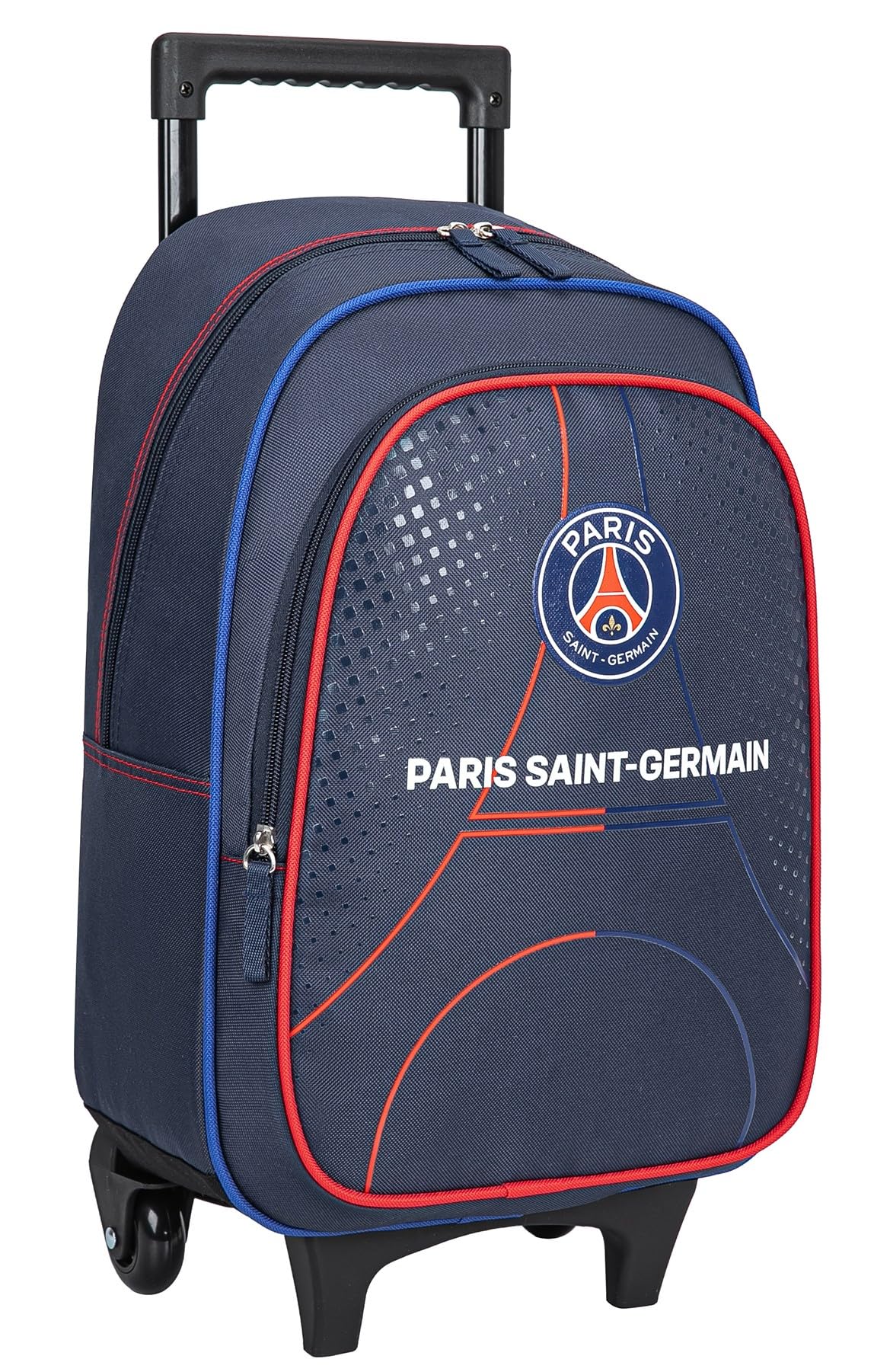 PSG Paris Saint-Germain - Mochila escolar con ruedas para niño | Colección Oficial PSG, Trolley Extensible, Ruedas Integradas, Correas Acolchadas, Azul Marino y Rojo