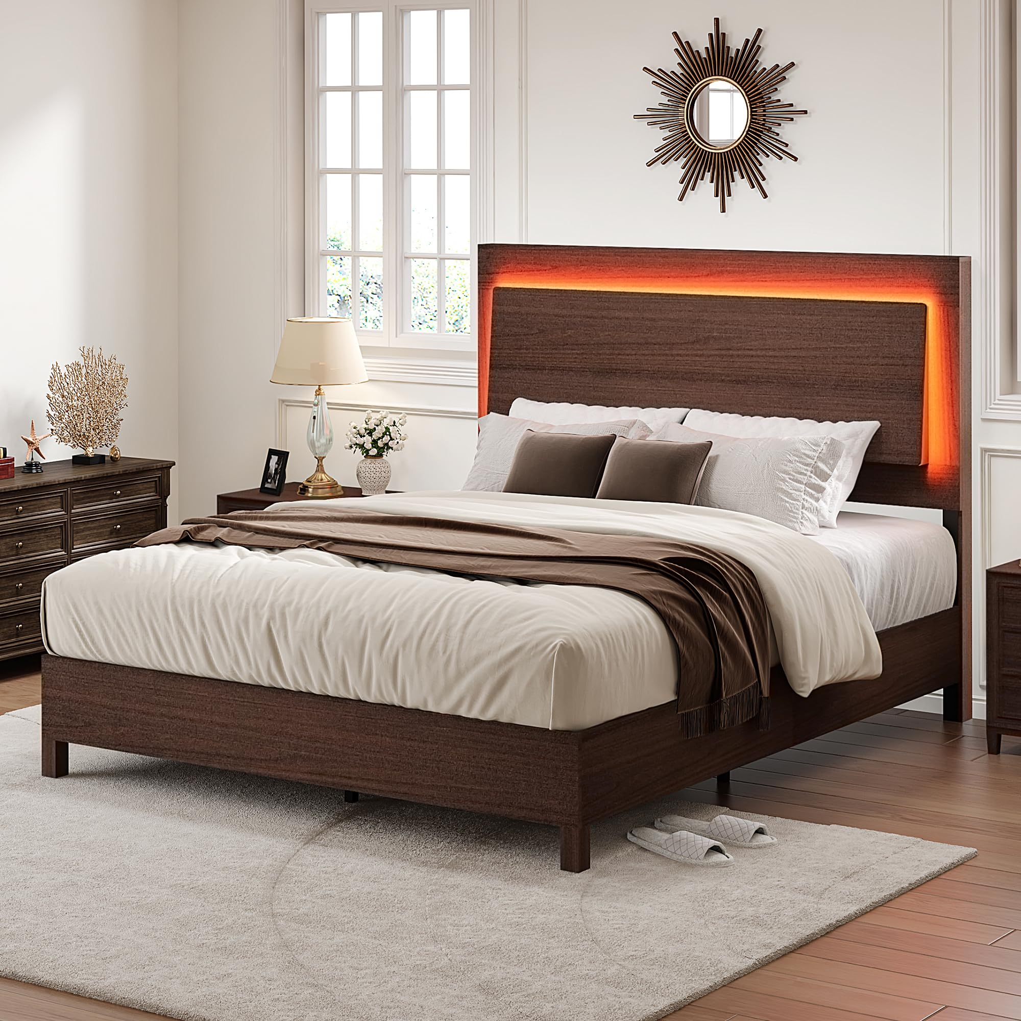 AMERLIFE Wood Queen Bed Frame with 47" Headboard, Rustic Platform Bed with LED Lights, Mattress Foundation with Wooden Slats Support, No Box Spring Needed/Noise Free, Red Brown