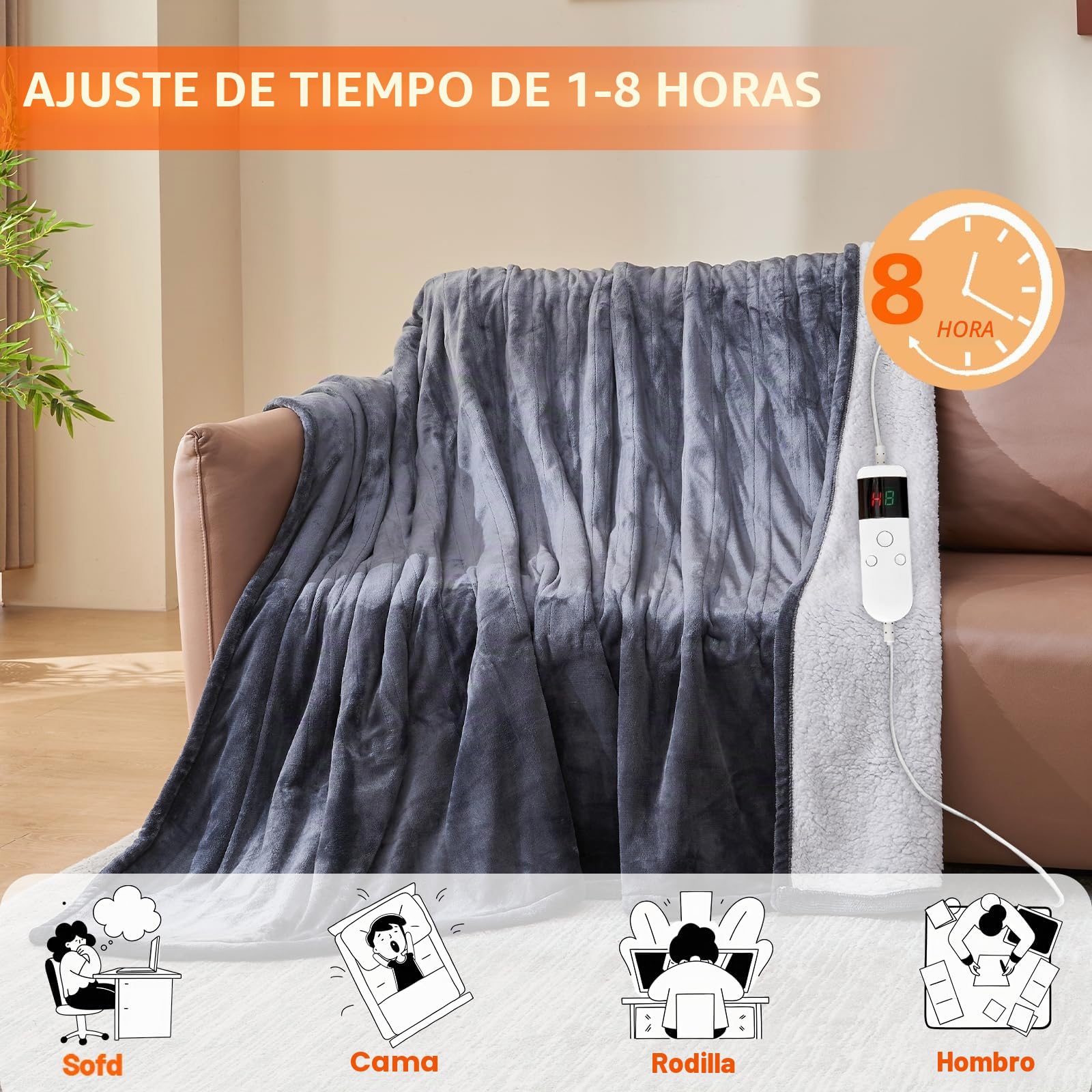 Manta eléctrica con apagado automático, 130 x 180 cm, 10 niveles de calor y temporizador de 8 horas, protección contra sobrecalentamiento, lavable a máquina, manta térmica de franela