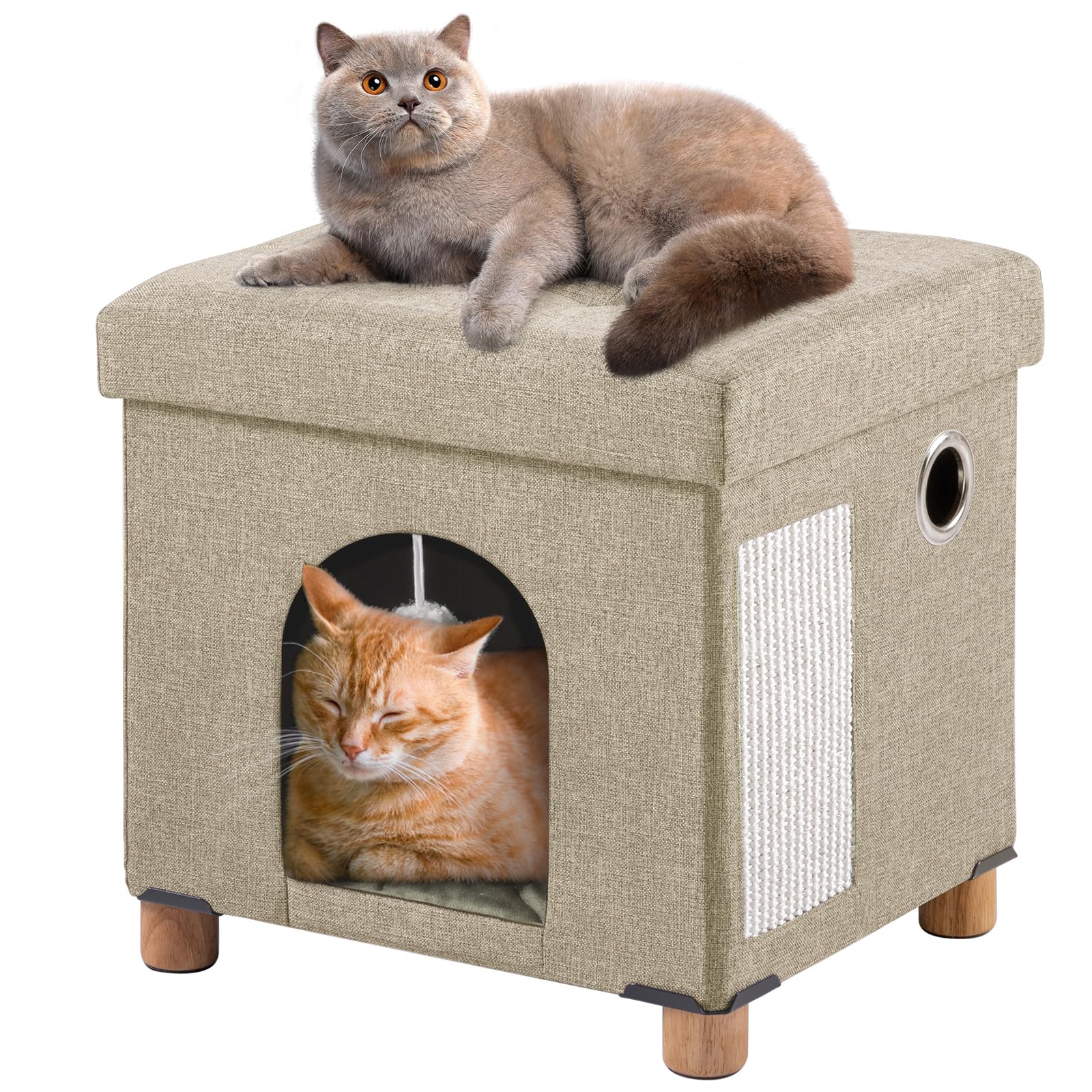 BRIAN & DANY Foldable Cat House, Cat Cave, Cat Cube with Scratch Board & Ball, 14.7" x 14.1” x 12.7”, Light Khaki