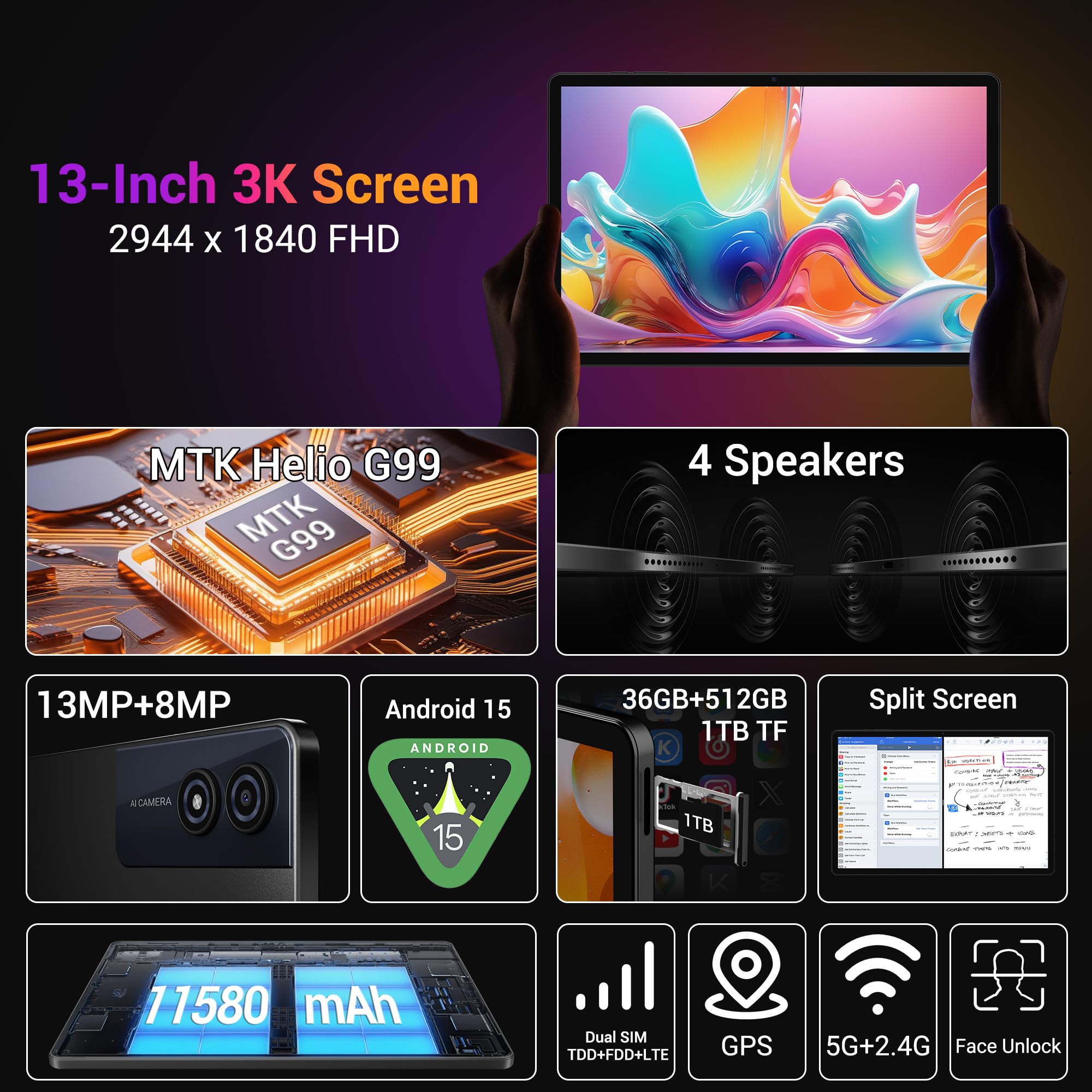 Das MAXLEGEN M31 Tablet im Detail, mit Fokus auf das großzügige 13-Zoll 3K-Display.