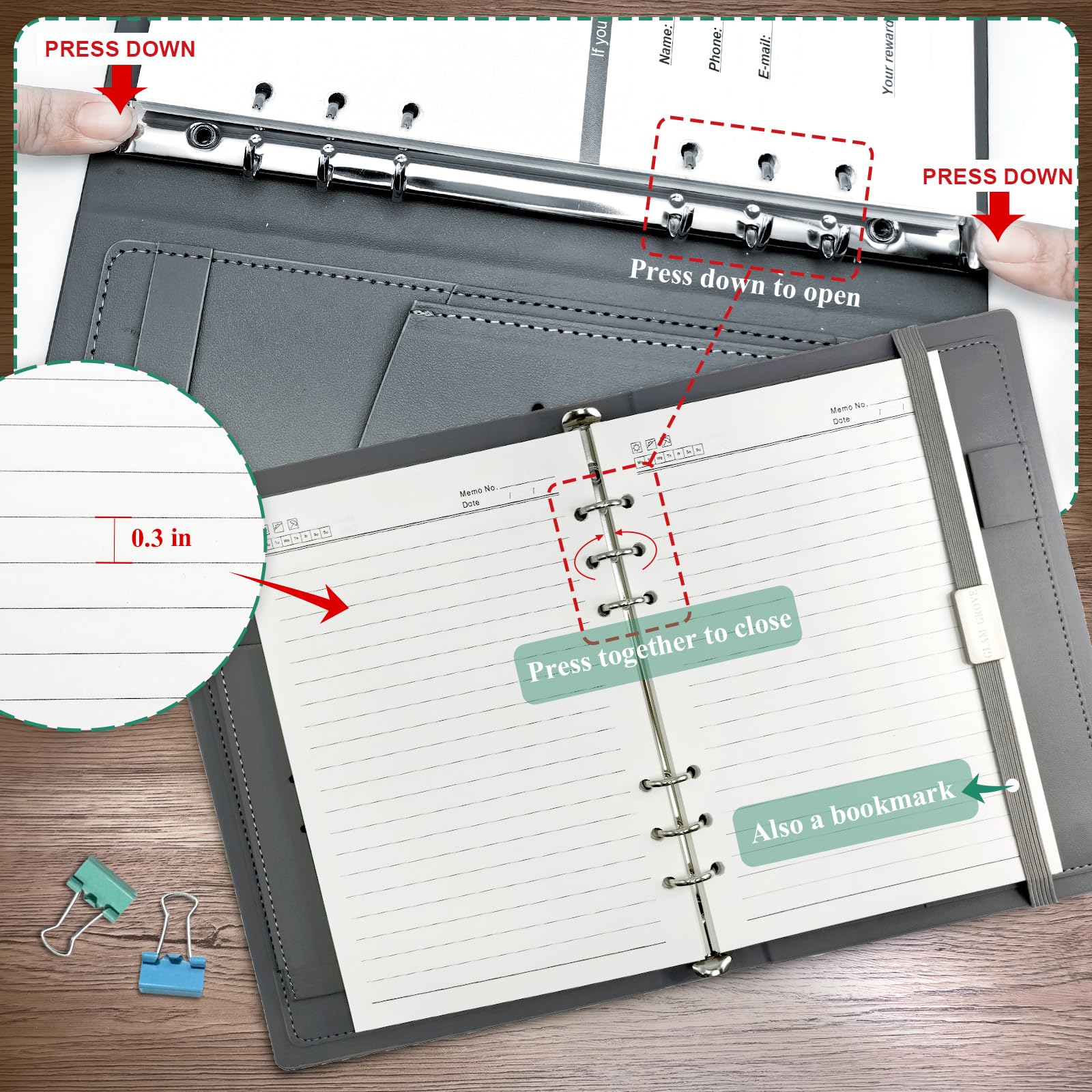 GLAM GROVE A5 nachfüllbares Ringbuch-Notizbuch – elegantes Hardcover, 160 Seiten aus 100 g dickem Papier, 6-Ring-Design mit Stiftschlaufe und Taschen – ideal zum Schreiben, Reisen, Arbeiten und für
