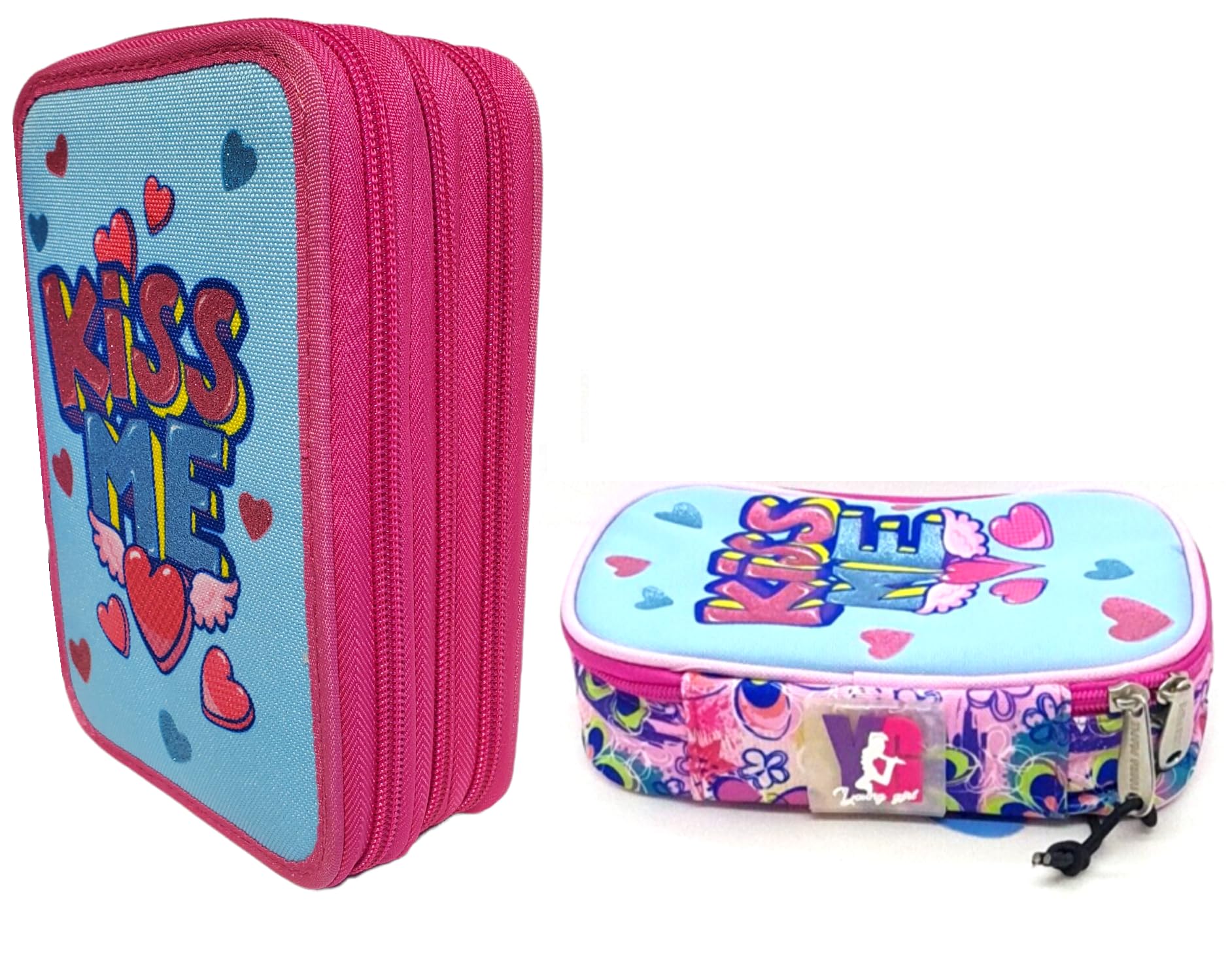 Estuche escolar pool Over Yung Girl Kiss Me Baciami con purpurina rosa fucsia 3 plantas + estuche con cremallera + regalo llavero lentejuelas y bolígrafo de colores, multicolor, standard, Estuche