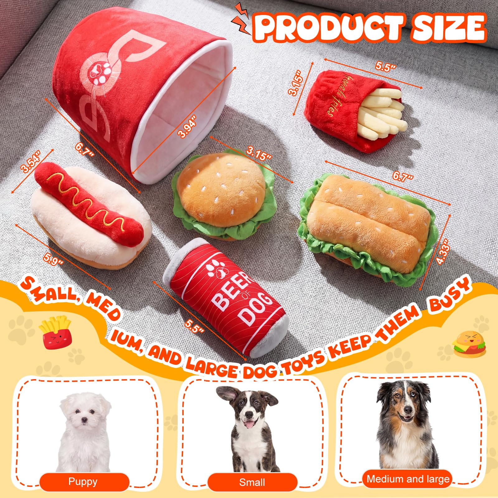 Skylety Lot de 6 jouets en peluche pour chien - Jouets couineurs en peluche en forme de nourriture rapide - Burger frites, cola - Seau à pattes de poulet pour chiens de petite, moyenne et grande