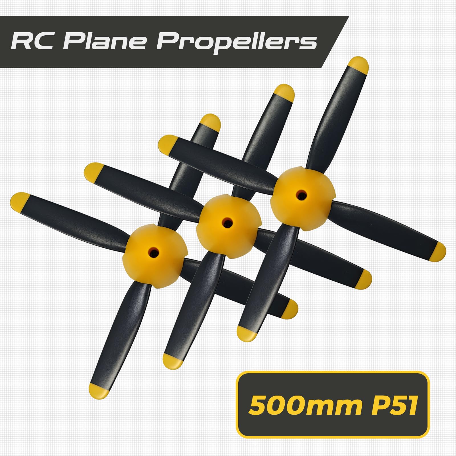 Lot de 3 hélices haute performance 4 lames de rechange pour avion RC sans balais 4 canaux P51D Mustang 500 mm Avec cône de nez en fibre de carbone, économiseur d'hélice