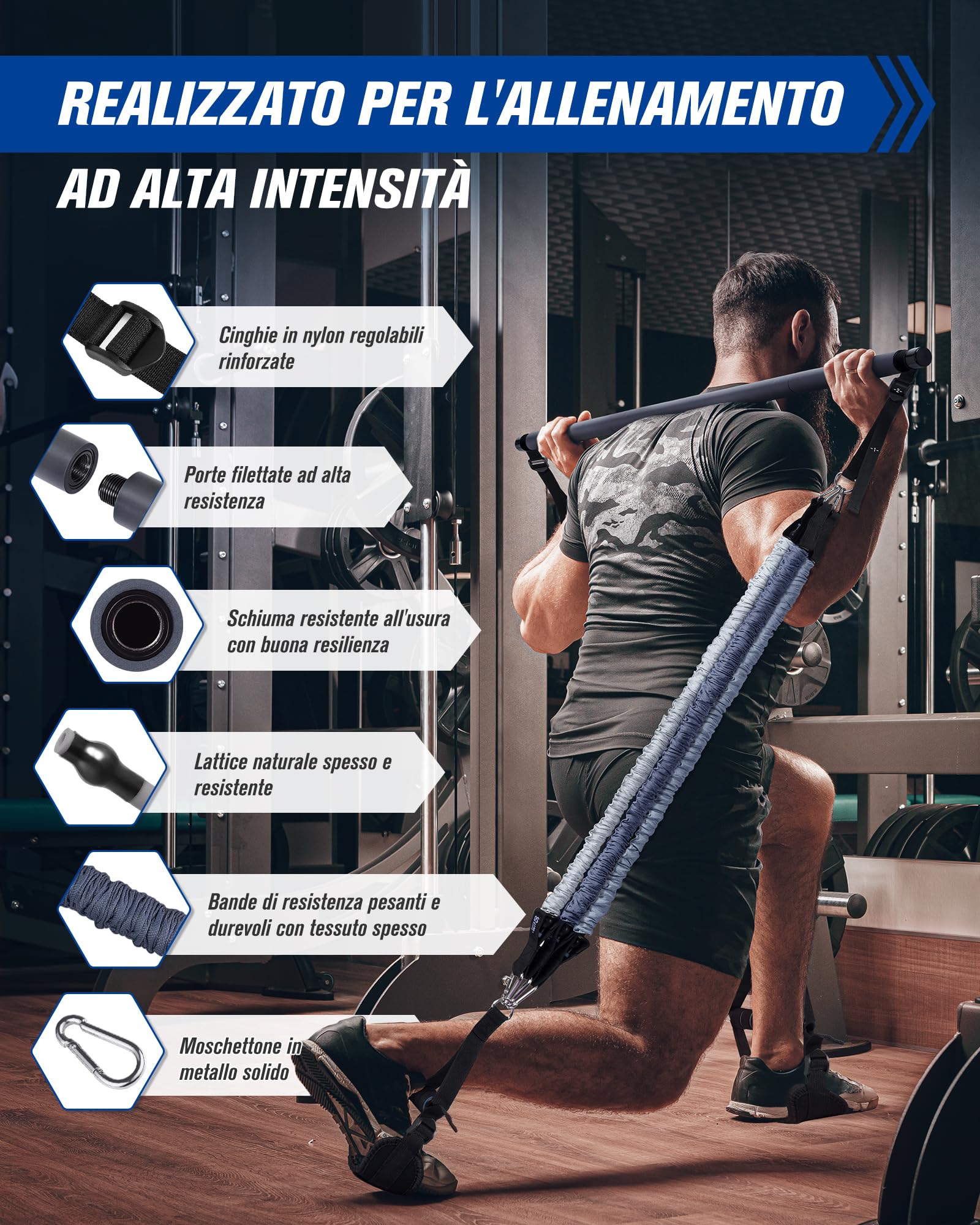 AlongSong Set Pilates con Fasce Elastiche (20-360 LBS), Barra Pilates a 3 Sezioni e Manuale di Istruzioni, Set Multifunzionale e Portatile per Il Fitness a Casa per Allenamenti in Famiglia