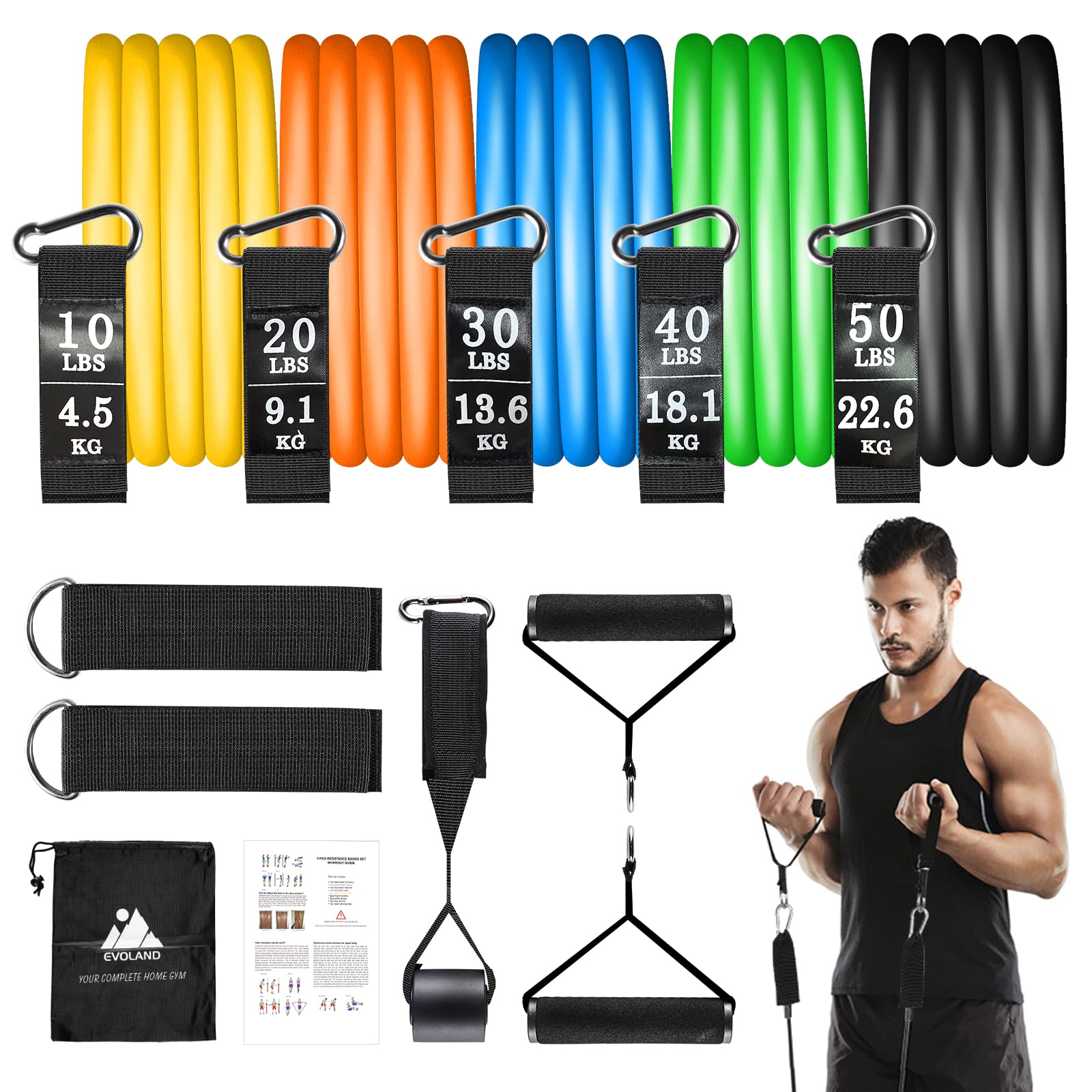 Resistance Bands Set (12pcs), Workout Bands with Handles, Door Anchor, Ankle Straps and Carry Bag, Exercise Bands for Shape Body and Home Workouts