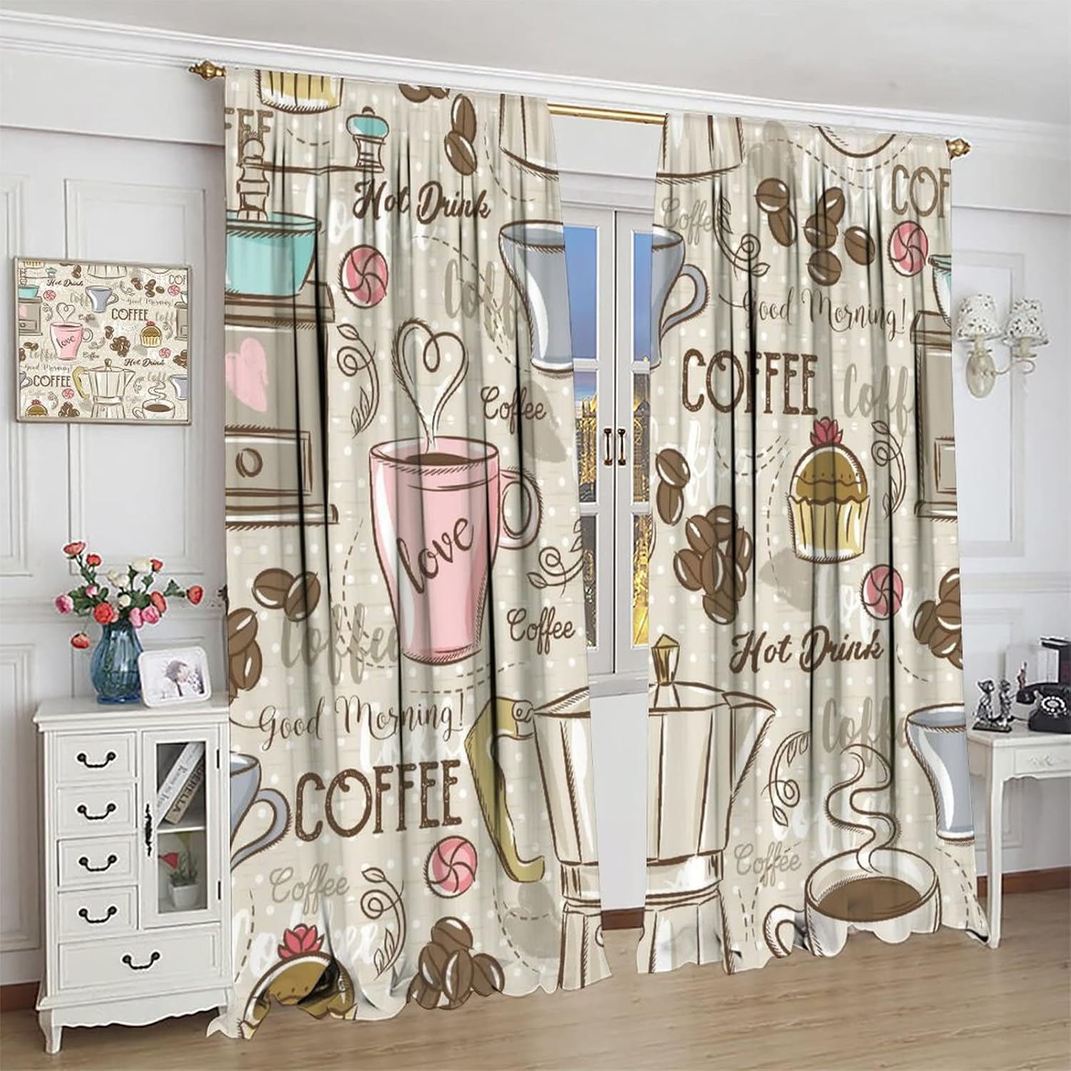 Modern Curtains, Vintage Coffee Maker Coffee Muffin Cup and Beige Background Theme, Living Room Kitchen Rod Pocket Window Trim Curtains, 2 Sets of Panels, 42x45 in.