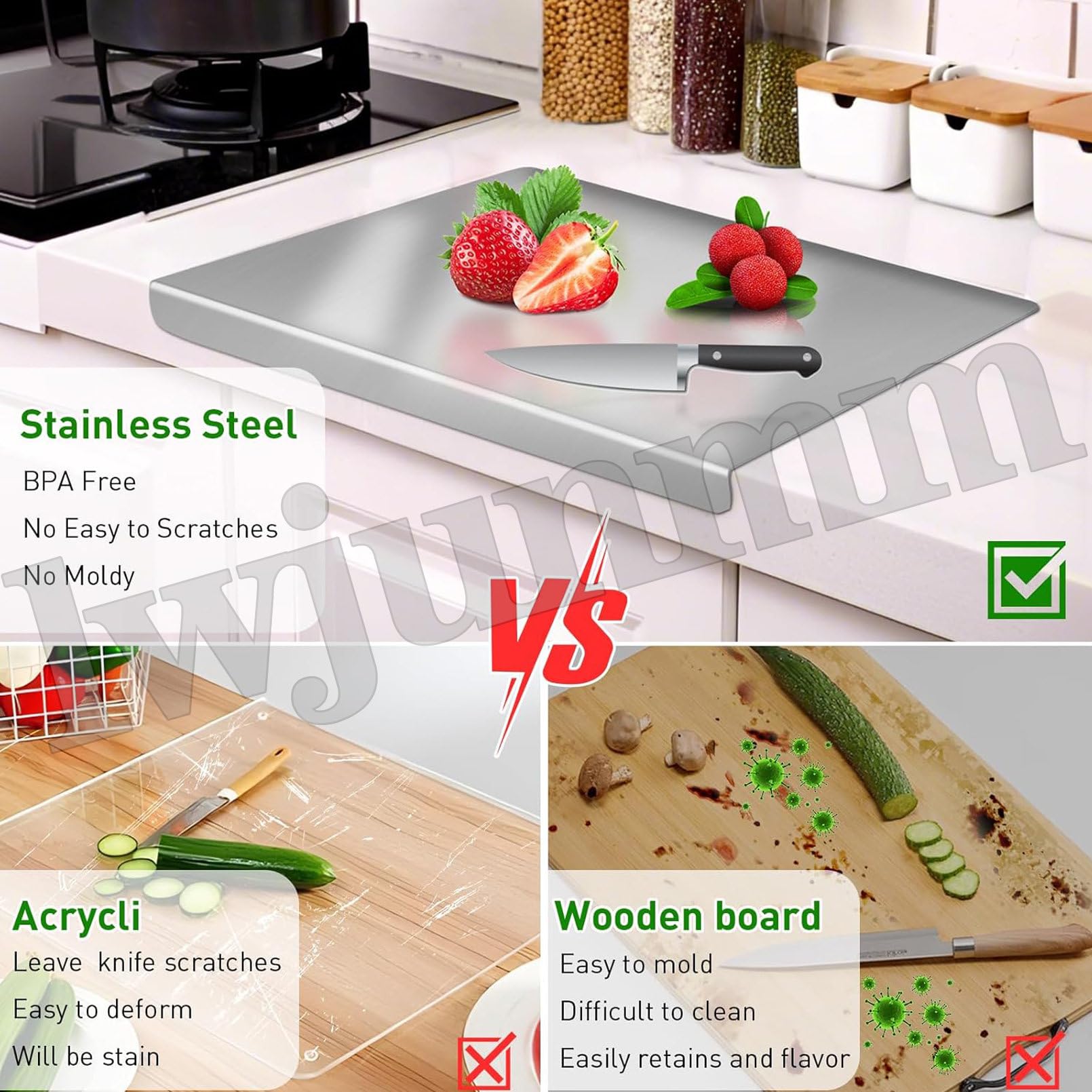 Tabla de cortar de acero inoxidable con protección de bordes, incluye rodillo y raspador de repostería para preparación de cocina