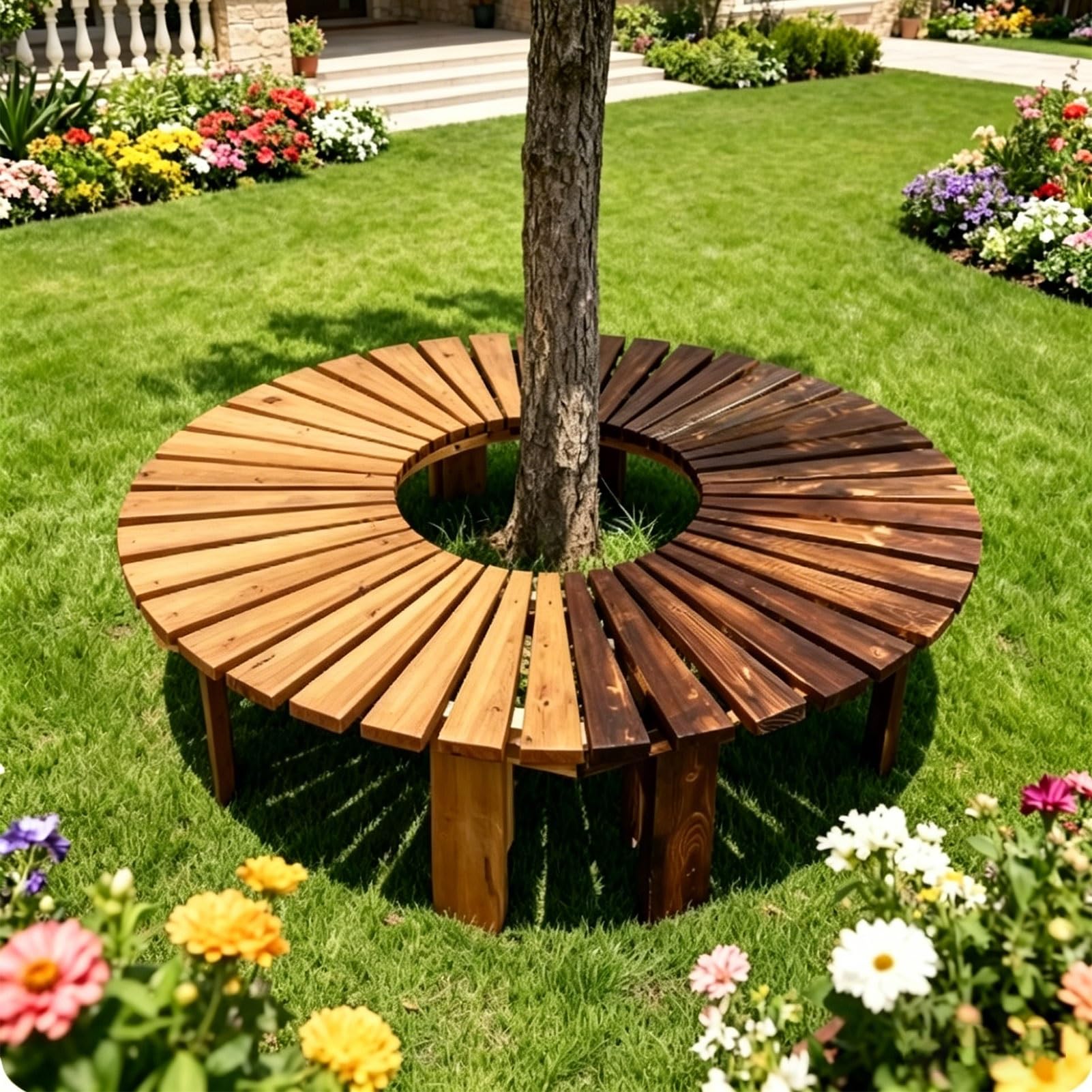 Bancos al aire libre semicirculares de madera para rodear árboles en jardín