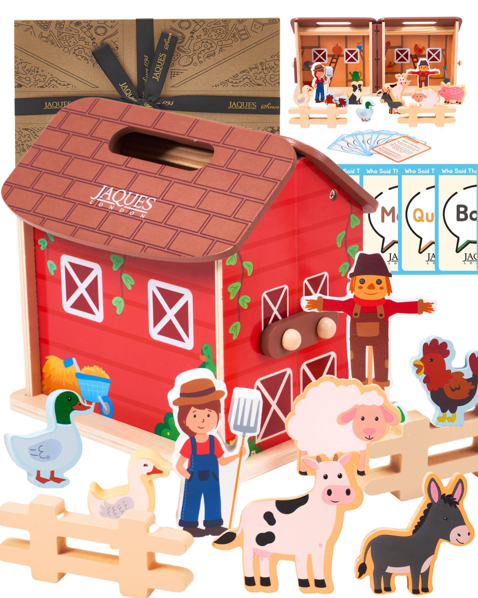 Jaques of London Animal Farm Toy | Wooden Toys Farm Playset with 8 Farm Animals, Farmer, Barn & Learning cards | Toddler Toys for 1 Year + | Since 1795
