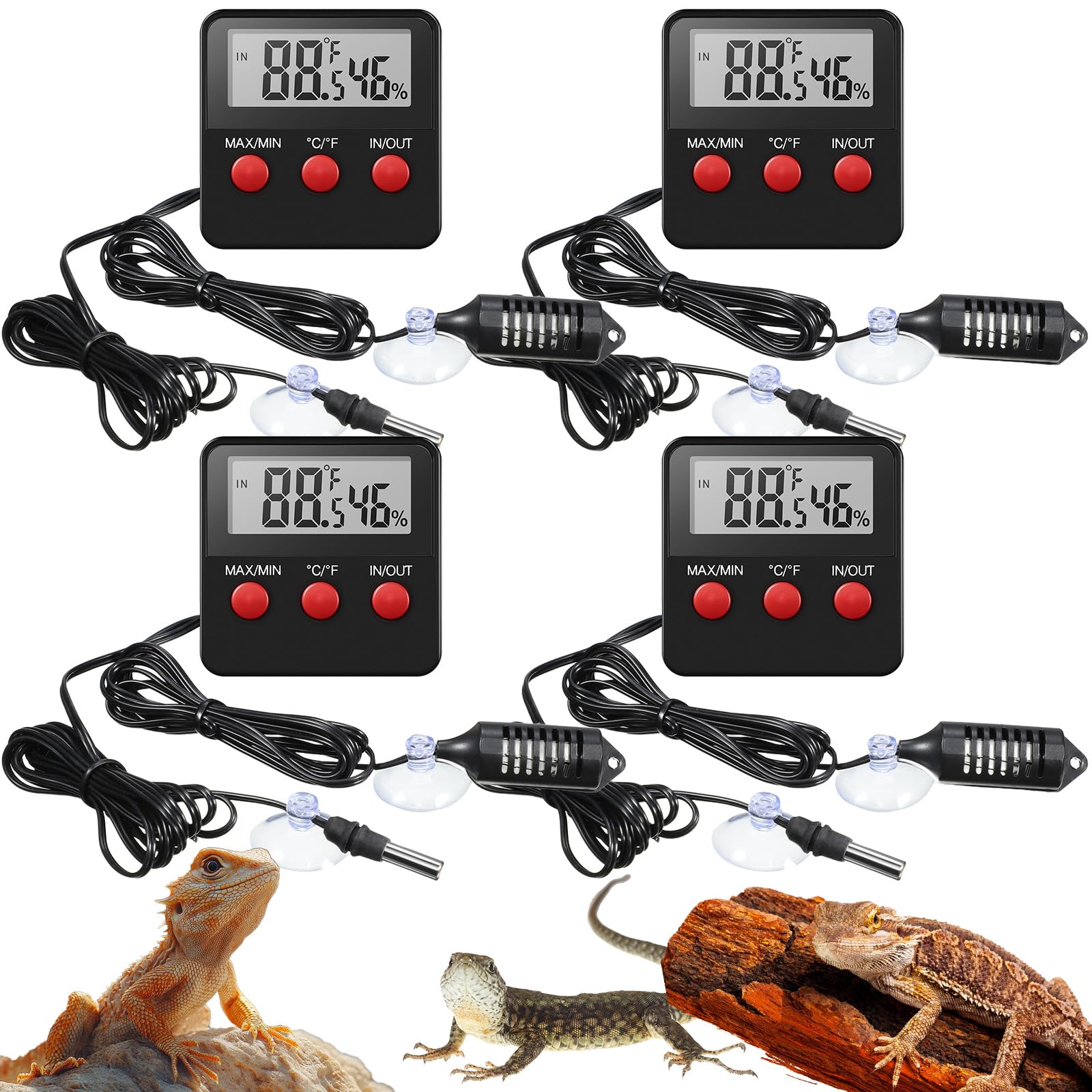 Weewooday Lot de 4 thermomètres et hygromètres pour reptiles et terrariums avec sondes pour intérieur et extérieur