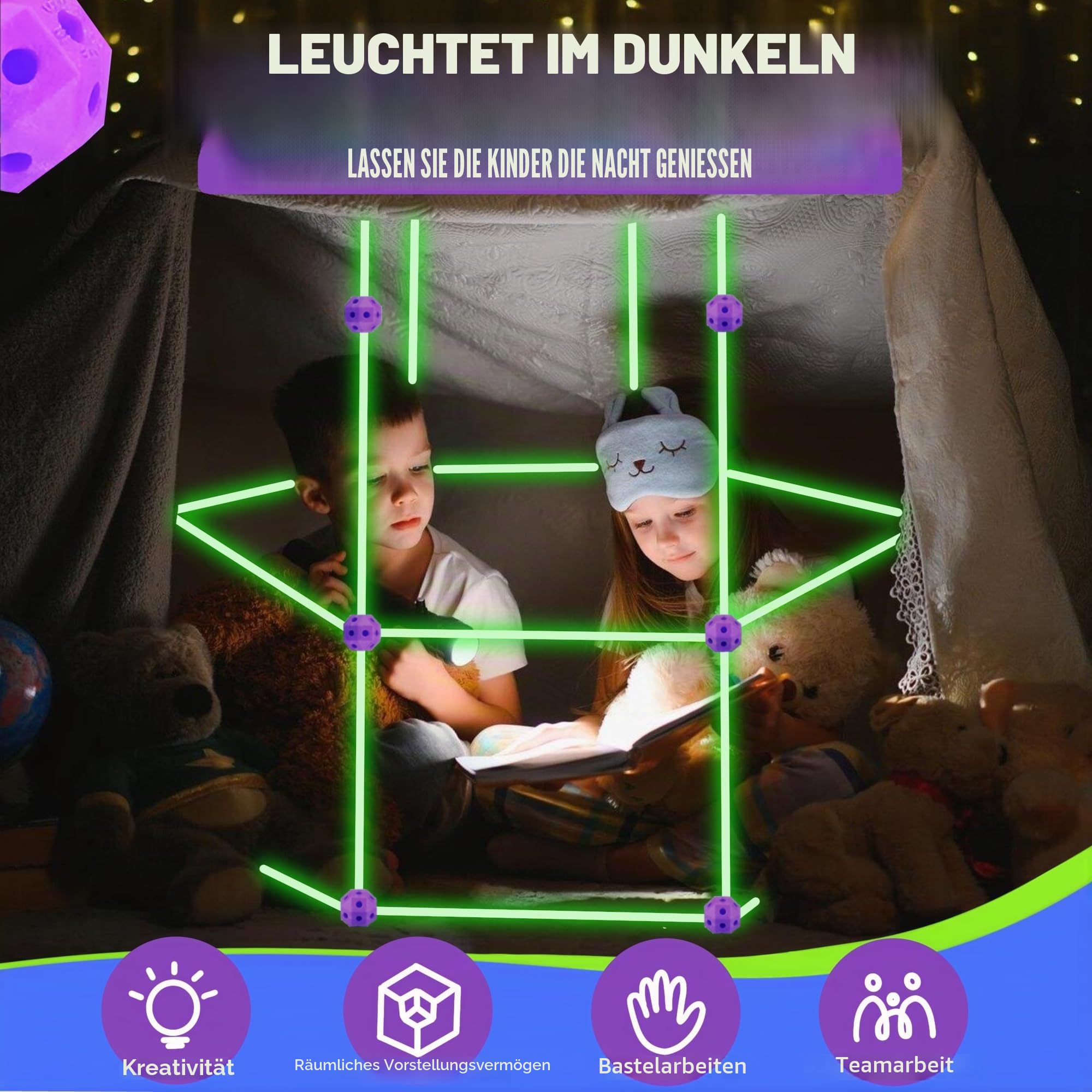 100-teiliges Bauset, leuchtet im Dunkeln, starke Kinder von 3 bis 13 Jahren, kreative Tunnelburgen, Spiel- und Campingzelt für drinnen und draußen, Bastelkraft