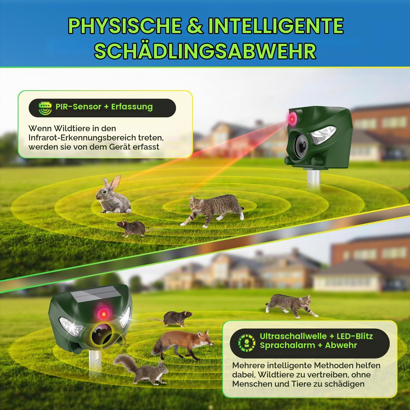 Katzenschreck Ultraschall, 5 Modi Solar Katzenschreck für Gärten, 26 Fuß Tiervertreiber mit Alarmton und Blitzlichtern, für Hunde, REH, Fuchs, Vogel, Kaninchen, Eichhörnchen