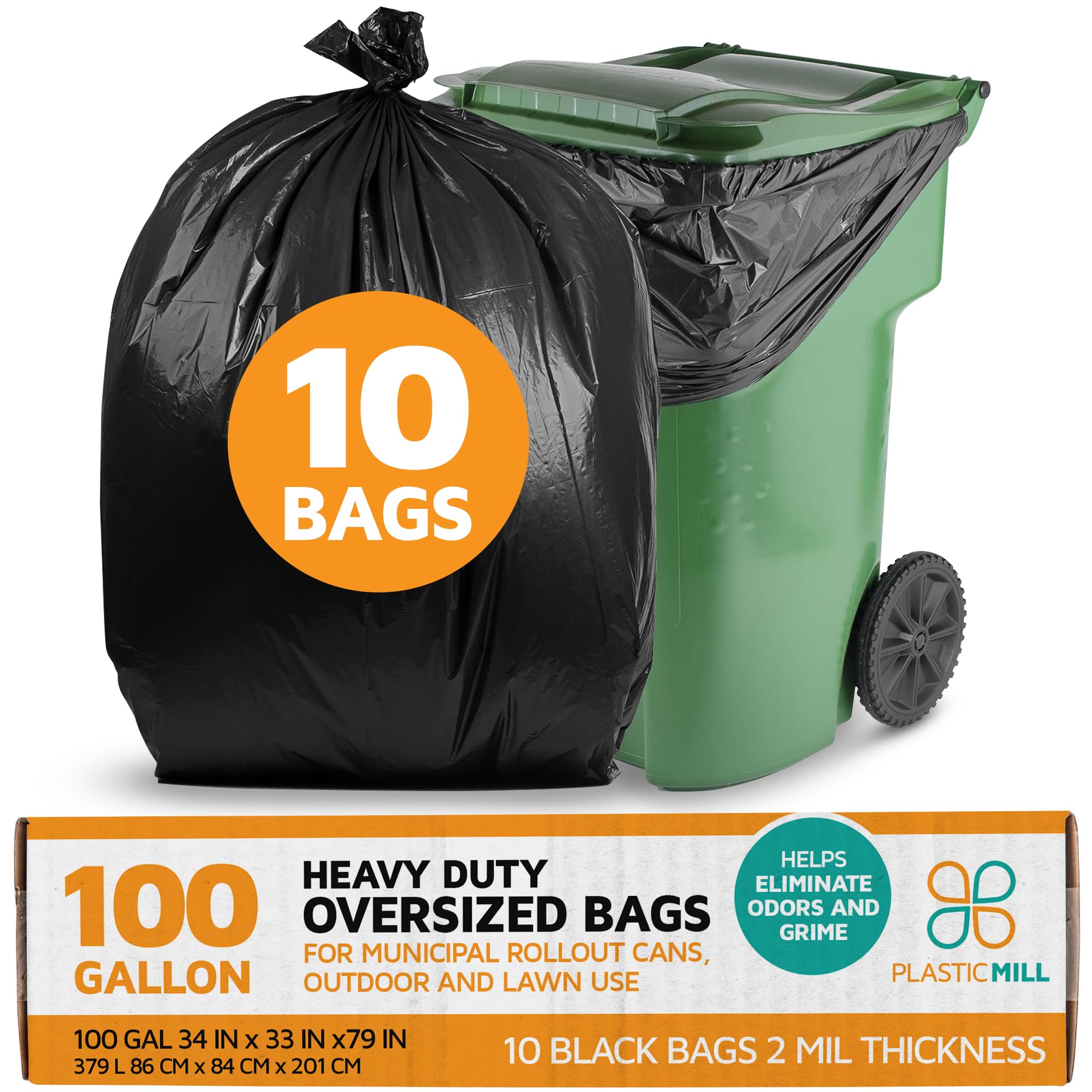 PlasticMill Heavy Duty Trash Bags - Black Garbage Bags - Plastic Trash Bags for Large Rolling Trash Bins - Tall Trash Bags - 100-Gallon Large Kitchen