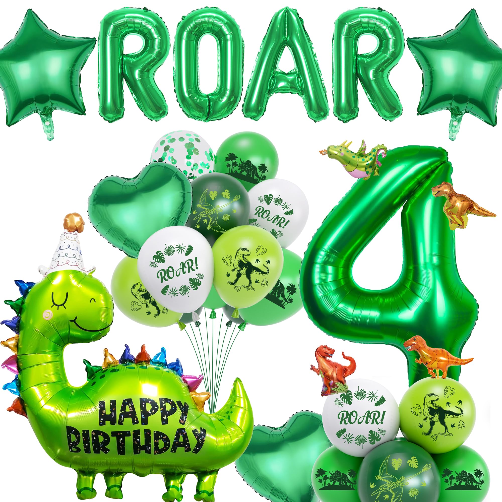 Dinosaur 4th Birthday Decorations for Boys - 29 Pieces Dino Balloons Party Supplies Green Include Number Foil Balloon, Happy Birthday Decoration for 4