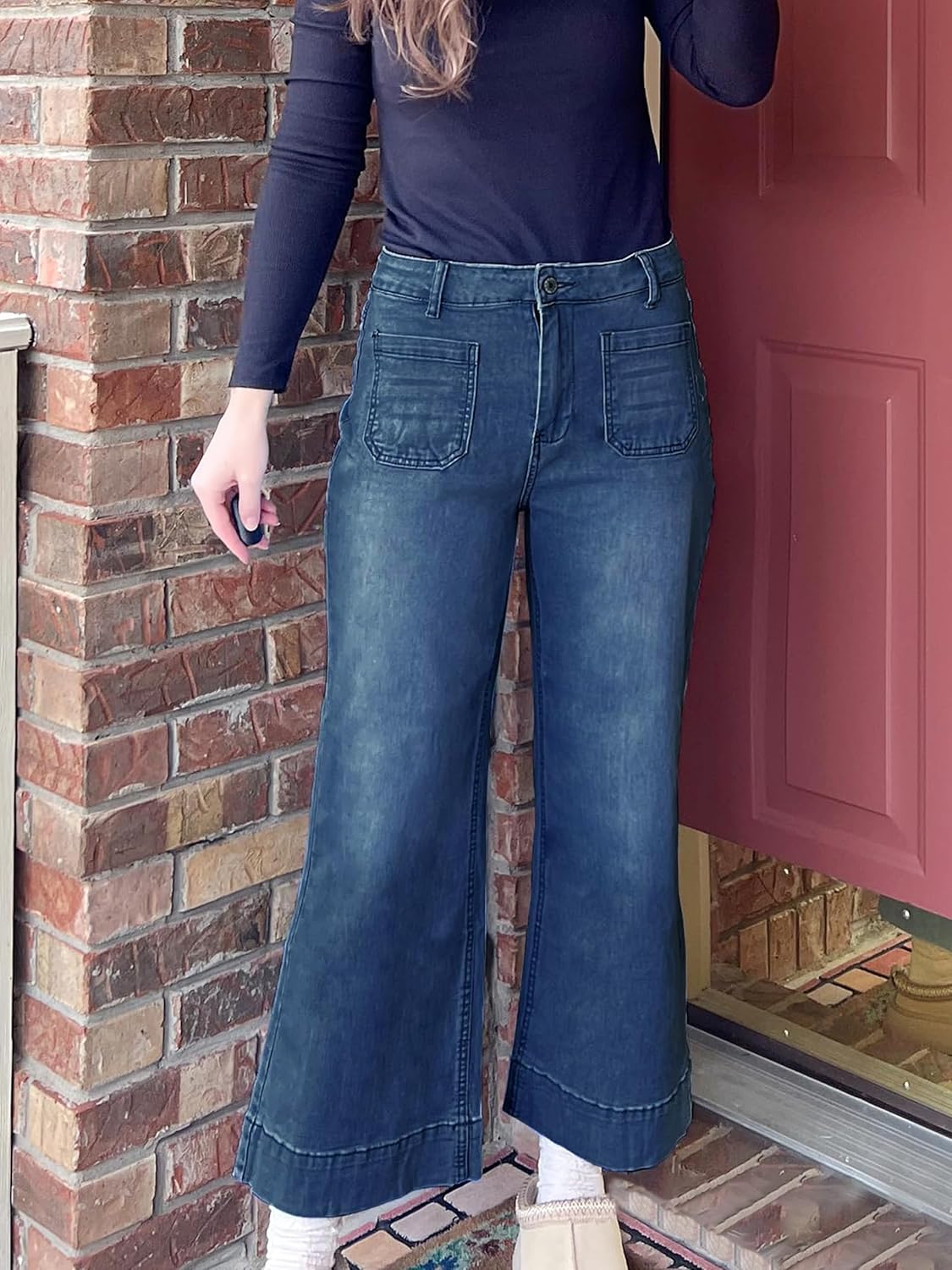 Tapata Women's 24/26 Petite Regular Wide Leg Jeans High Waisted Flare Stretchy Cropped Denim Pants Trendy Baggy Pockets - Image 7