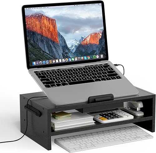 Miniatura 10 de Soporte de madera ajustable para laptop, soporte ergonómico de altura y ángulo con soporte para bolígrafo, compatible con MacBook Air/Pro, Dell, HP,