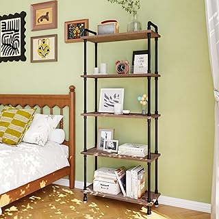 Anynice Industrial Bookshelves, Wood Pipe Bookshelf, 5 Shelf Rustic Display Storage Tall Standing Shelf Bookcase for Livin