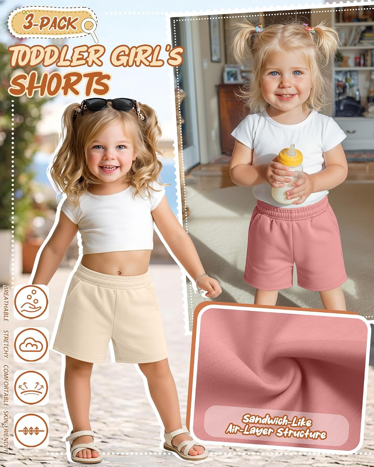 3 Pack Baby Toddler Girls' Cotton Shorts Infant Active Summer Athletic Casual Pull-on Pants with Pockets for 18M-5T