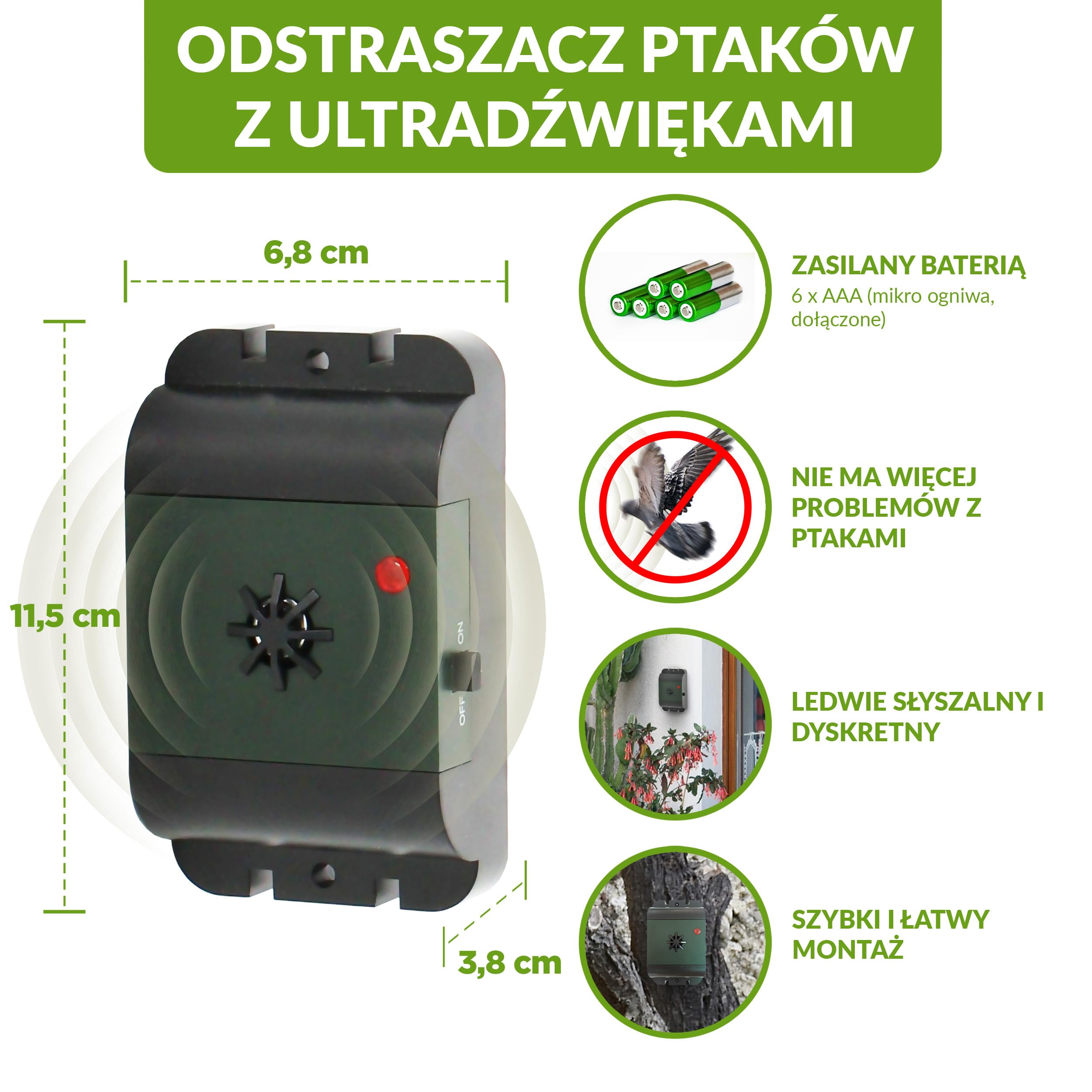 ISOTRONIC Ultradźwiękowy odstraszacz ptaków i gołębi – Bateryjny – Na balkon, dach i do ogrodu – Skuteczny na wróble, mewy i wrony – Zasięg 40 m² (3 sztuki)