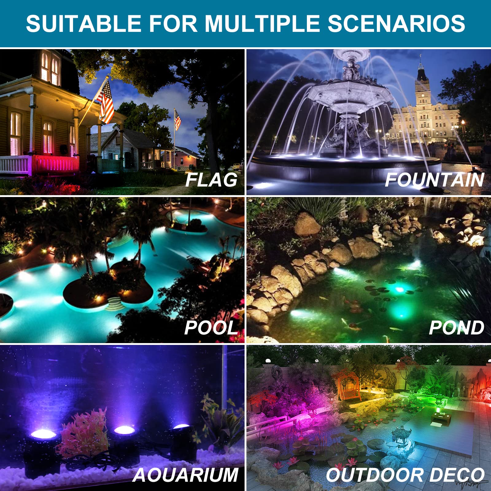 Lumières de bassin alimentées par secteur, 5 en 1 RVB sous-marin avec télécommande, IP68, multicolore, submersible, pour aquarium, jardin, cour, piscine, fontaine.