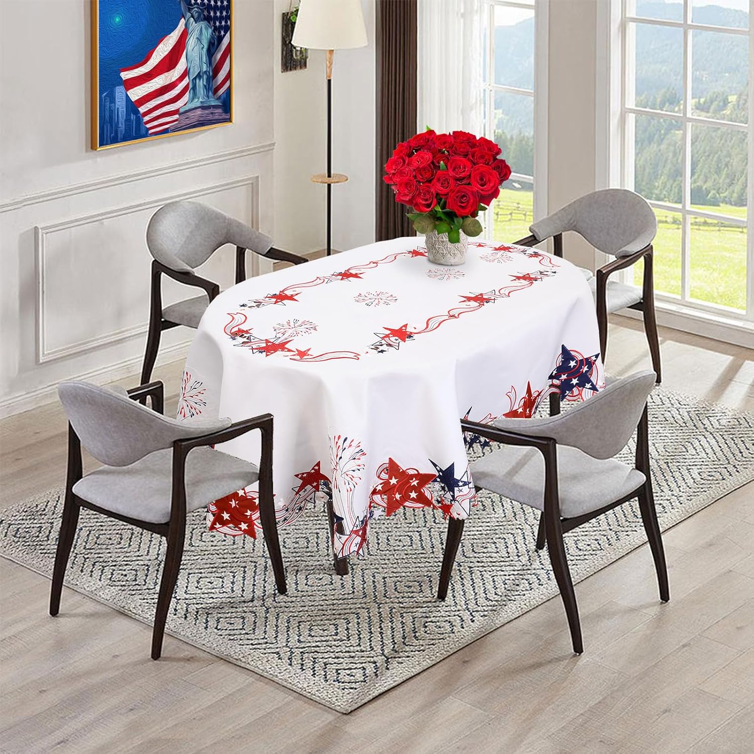 Simhomsen Embroidered July 4th Holiday Red, White and Blue Patriotic Tablecloth for American Independence Day, Memorial Day Oval 57×84 inches