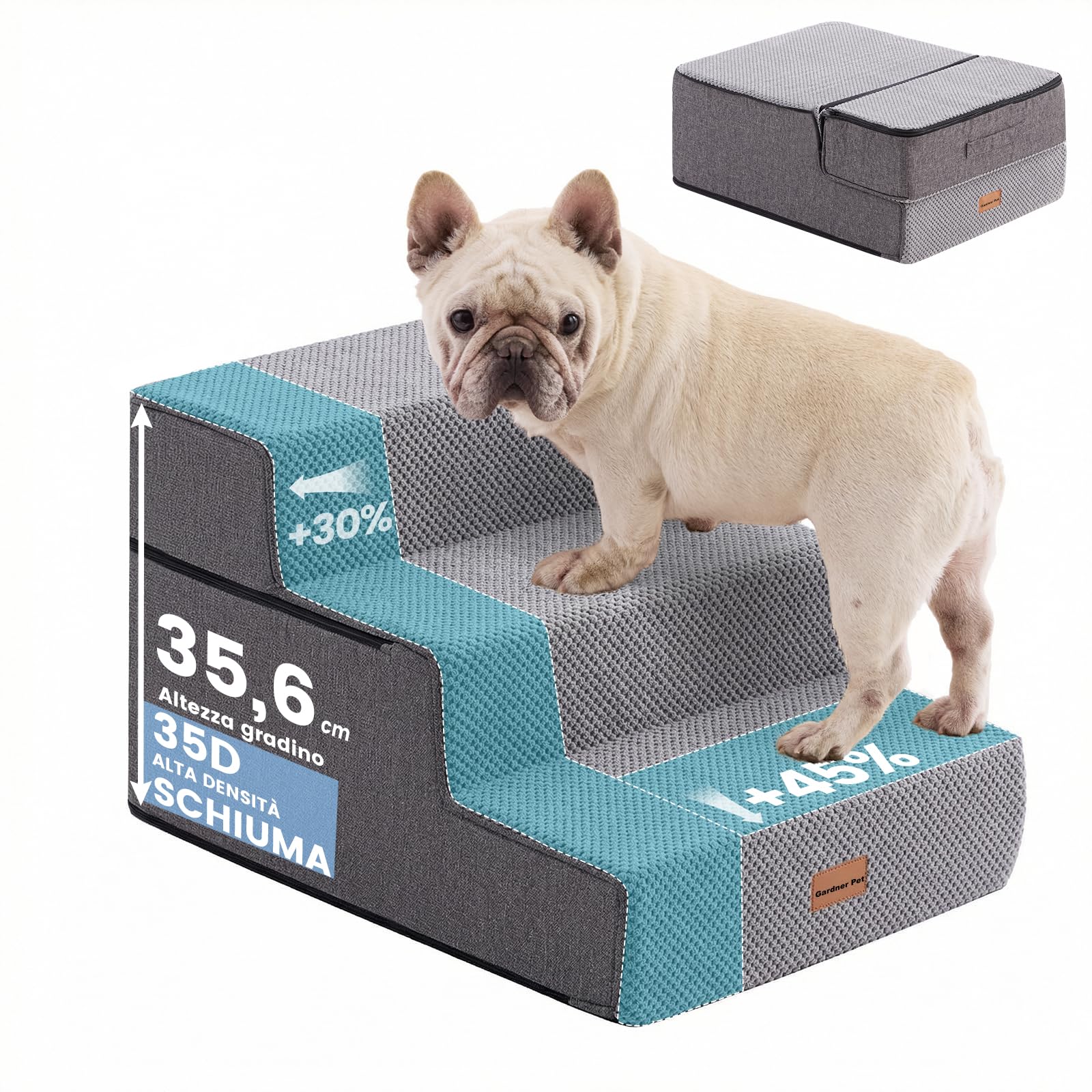 Gardner Pet Scala per Cani Piccola, Scala per Animali Domestici a 3 Gradini, Rampe in Schiuma ad Alta Densità con Rivestimento Impermeabile e Antiscivolo, per Letto, Divano, Poltrona e Auto, Grigio