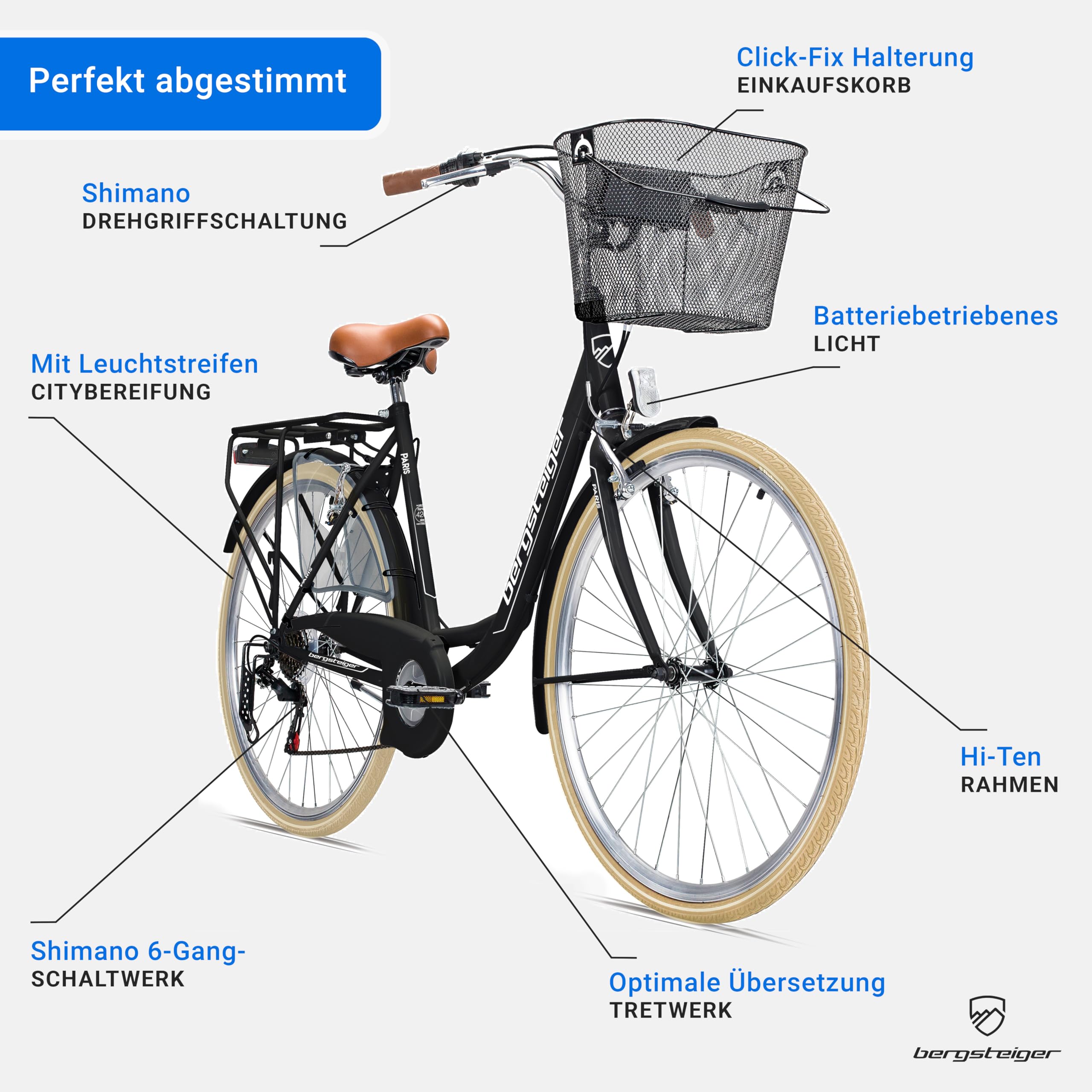 Bergsteiger Paris 26/28 Zoll Damenfahrrad Citybike im Retro-Design | Modischer Hingucker für Stadt und Land ab 140 cm Körpergröße. Mit Korb, 6 Gängen und zu 90 Prozent fertig vormontiert.