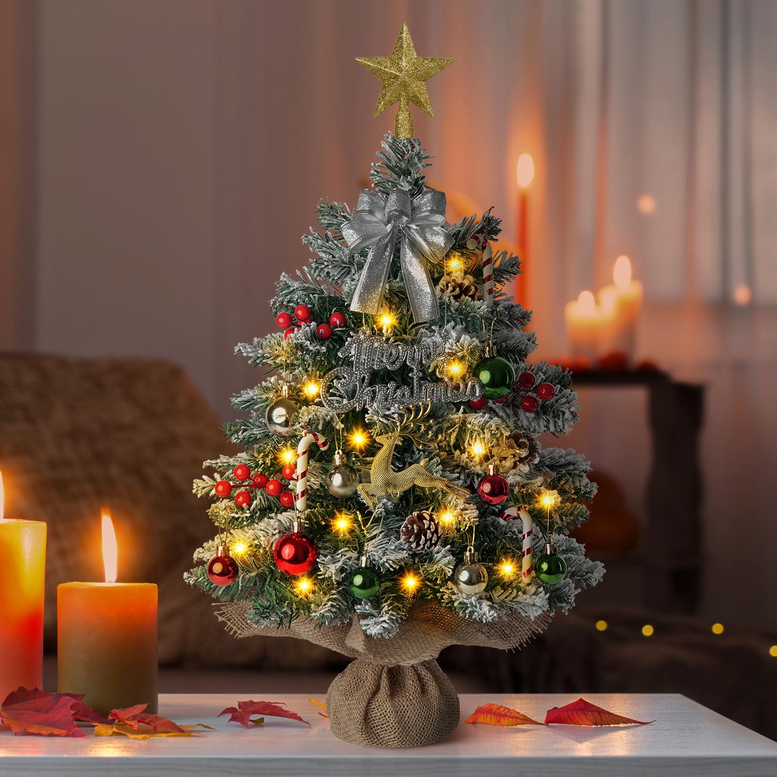 Mini sapin de Noël artificiel avec 40 lumières - 61 cm / 61 cm - Petit sapin de Noël artificiel avec décorations de Noël pour cheminée, cheminée - Décorations de Noël