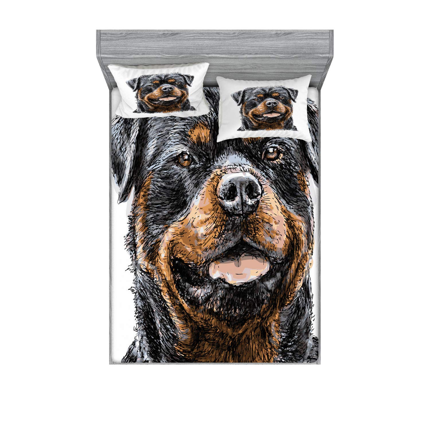 Ambesonne Rottweiler Fitted Sheet & Pillow Sham Set, Hand Drawn Image of Dog Type Realistic and Furry, Decorative Printed 3 Piece Bedding Decor Set, Full, Brown Grey