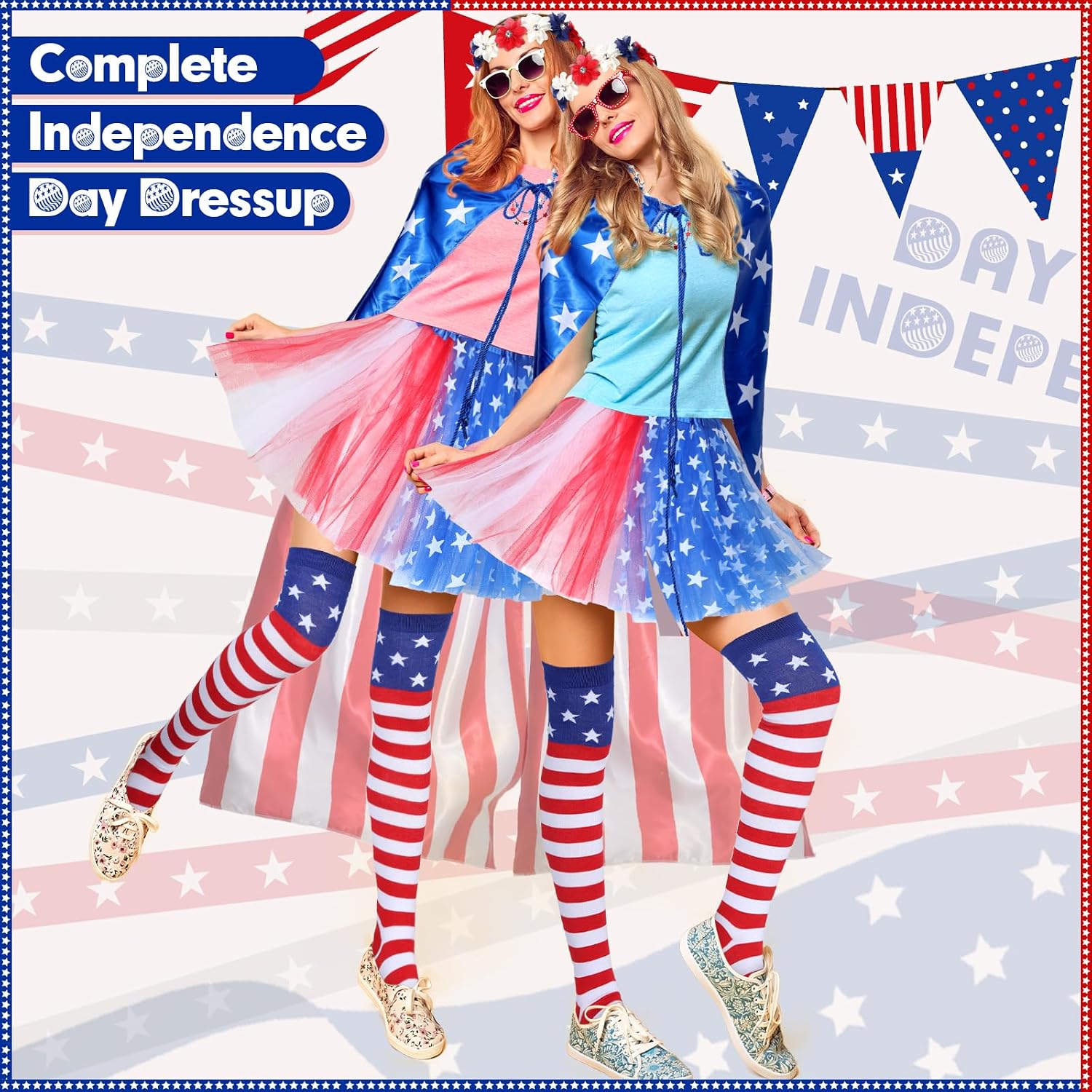 Yahenda 8 Pcs 4th of July Tutu Set Red 250 Years White and Blue Tutu American Flag Cloak Thigh Socks Flower Crystal Headband Patriotic Earrings Necklaces for Women Halloween Cosplay Party Costume