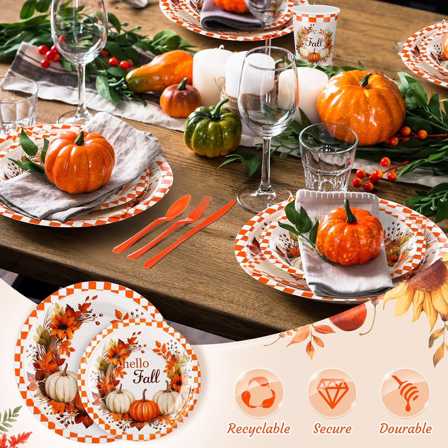 Sliner 350 Pcs Fall Paper Plates and Napkins Sets Party Supplies Thanksgiving Disposable Tableware Set Heavy Duty Pumpkin Paper Plates Orange Fall Cups Napkins Knife Fork Spoon, Serve 50 Guests