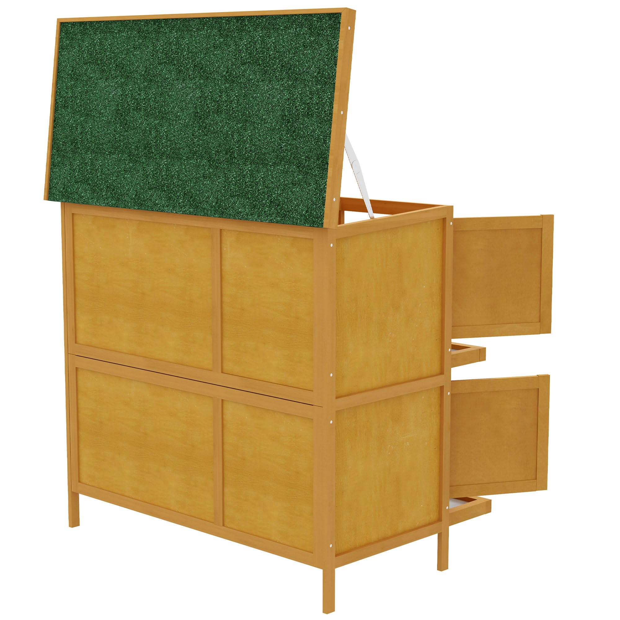 PawHut Conigliera da Esterno a 2 Livelli con Rampa Antiscivolo, 2 Vassoi Estraibili e 4 Porte con Serratura, Conigliera in Abete e Tetto in Bitume, 97x44x91 cm, Giallo