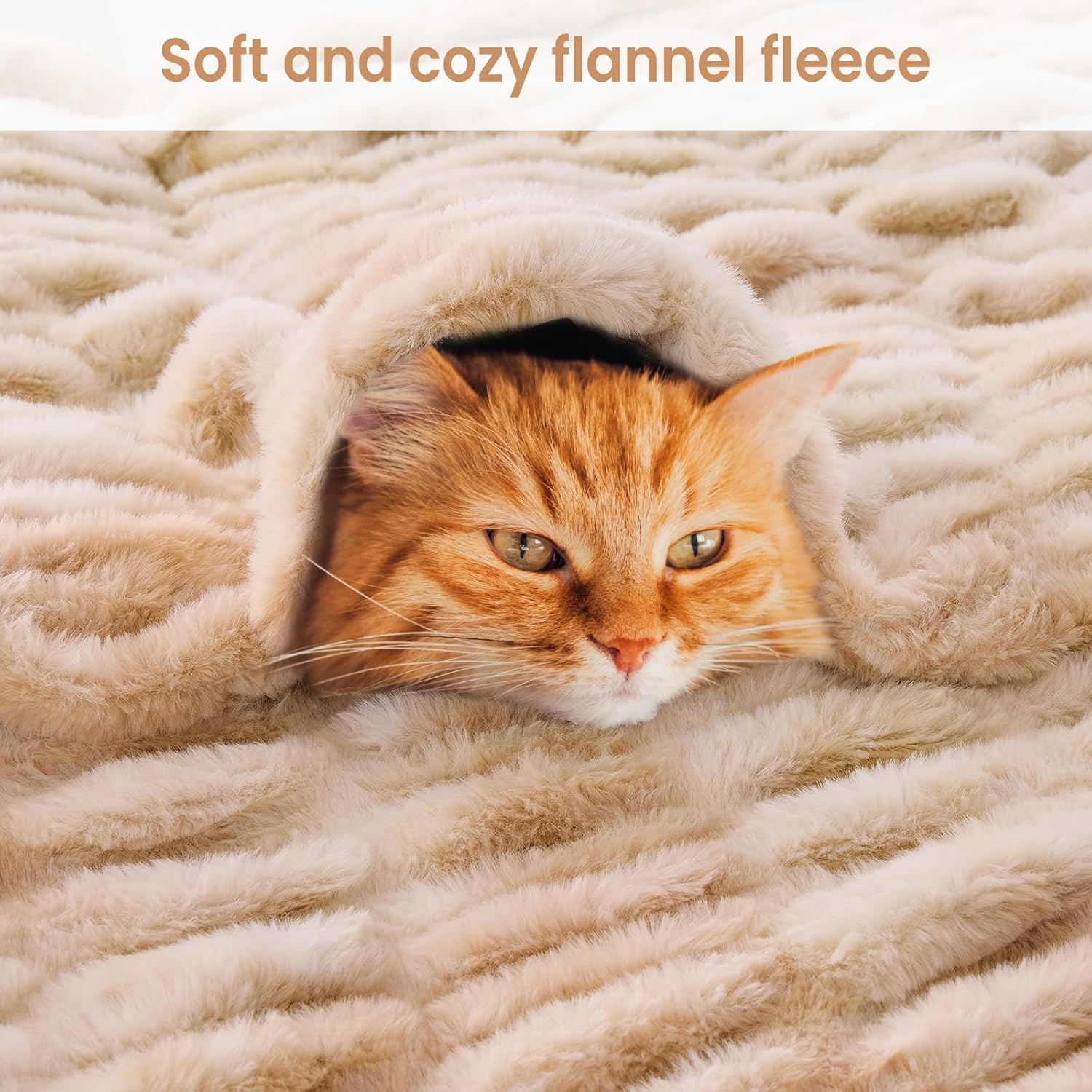 Softan Extra Soft Faux Fur Blanket, Warm Striped Faux Fur Throw Blanket with Flannel Fleece Reverse for Couch Sofa Bed Living Room, Beige- 60"x 80"