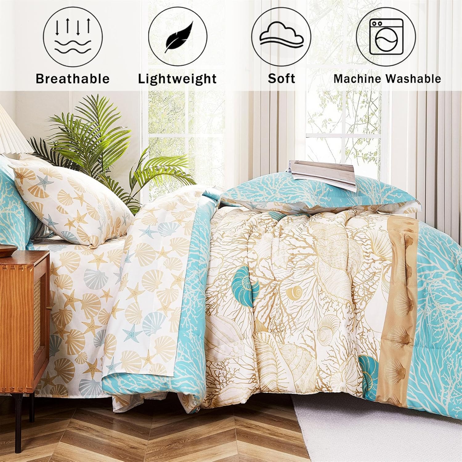 Cmfshape Blue Coastal Queen Size Comforter Set 7 Pieces,Starfish Printed Bedding Bed in A Bag,Soft Microfiber Comforter with Sheet Sets,Pillowcases&Shams for All Season,90x90