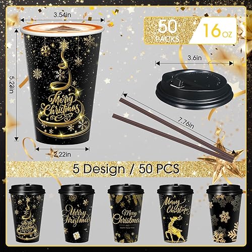 Miniatura 2 de Uiifan Paquete de 50 tazas de café de Navidad de 16 onzas, vasos desechables de copos de nieve negros y dorados, vasos de papel de Feliz Navidad con