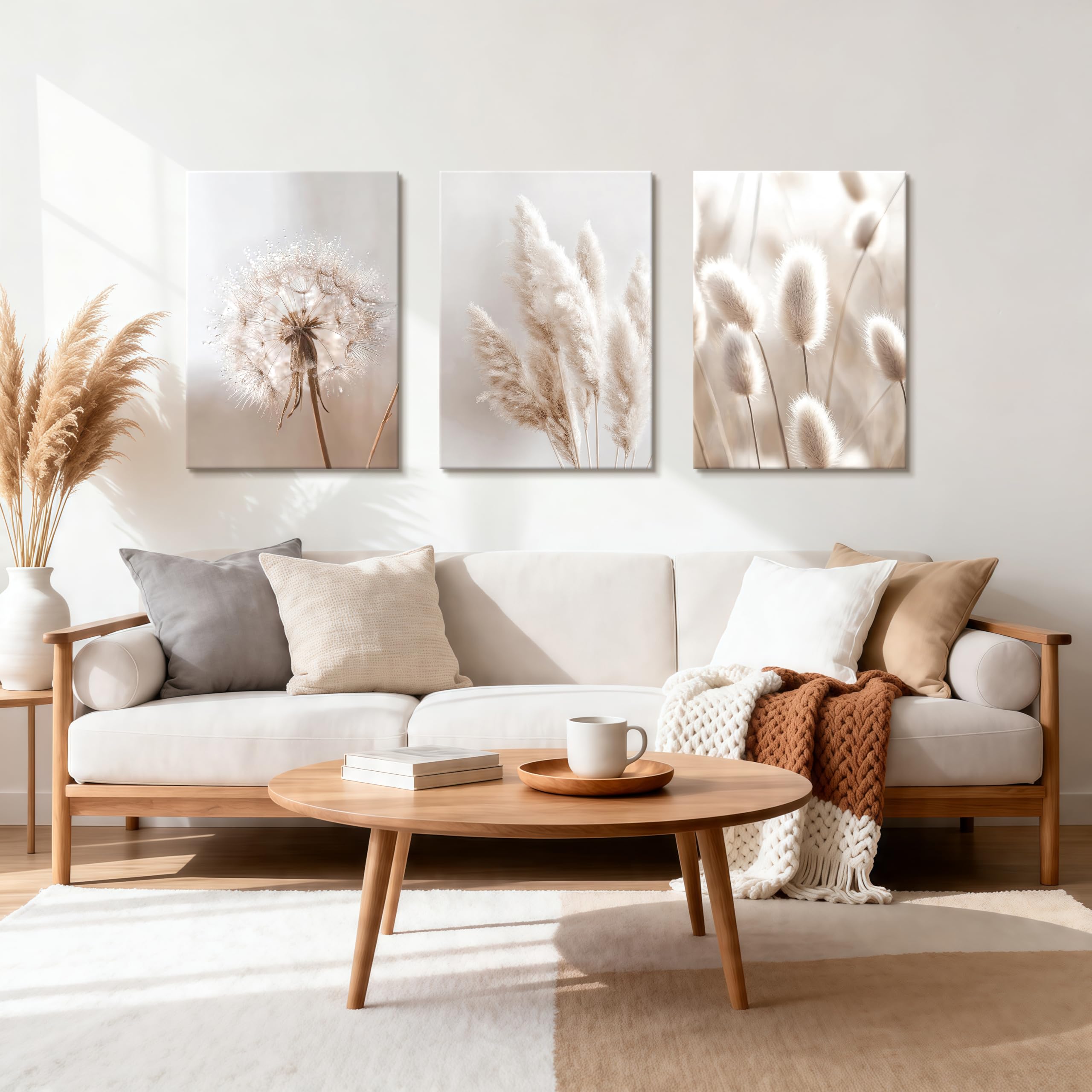 WENGTIAO 3 Stück Beige Weiße Botanische Leinwand Bilder Kunstdrucke Gerahmt, Löwenzahn Schilf und Hasenschwanzgras Wandbilder auf Leinwand für Modern Wohnzimmer Schlafzimmer Wand Deko 40x60cmx3