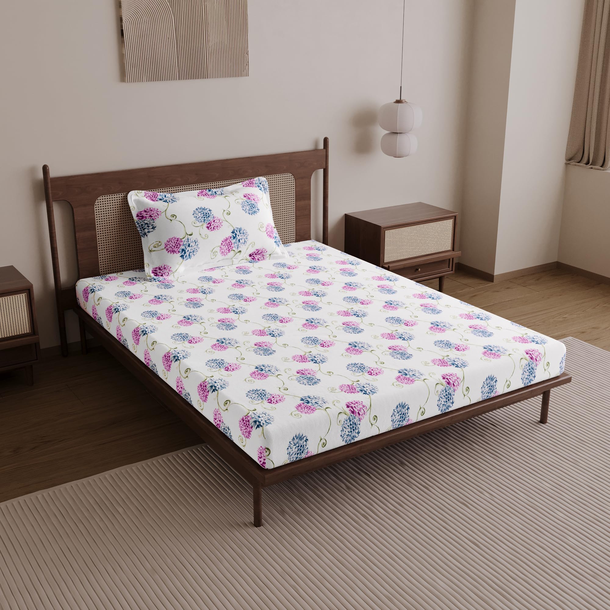 Divine Casa 100% Cotton 144 TC Single Bedsheet with 1 Pillow Cover | Soft Comfortable Bed Sheet for Single Bed | Breathable Printed Bedding Set | 145 x 223 cm (Blue Pink, Floral)