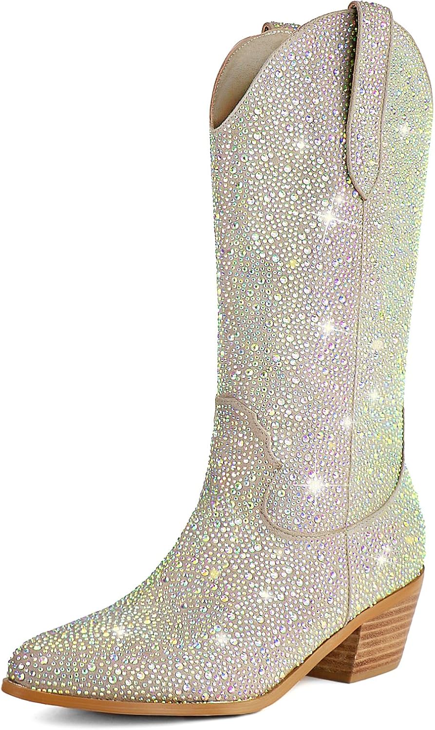 Touslecos Mid Calf Rhinestone Cowboy Boots for Women