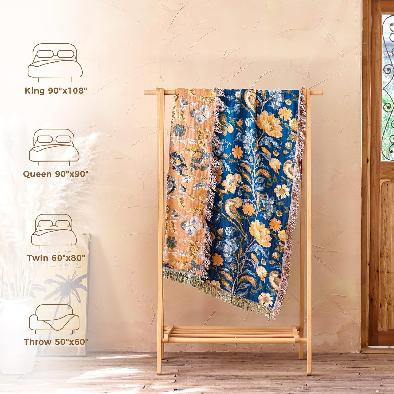 Boho Throw Blanket for Bed Cotton Blankets Twin Size for Bedroom Living Room All Season Lightweight Floral Bird Embroidery Breathable Quilt for Couch Sofa Chair 60"x 80" Home Decor - Image 6