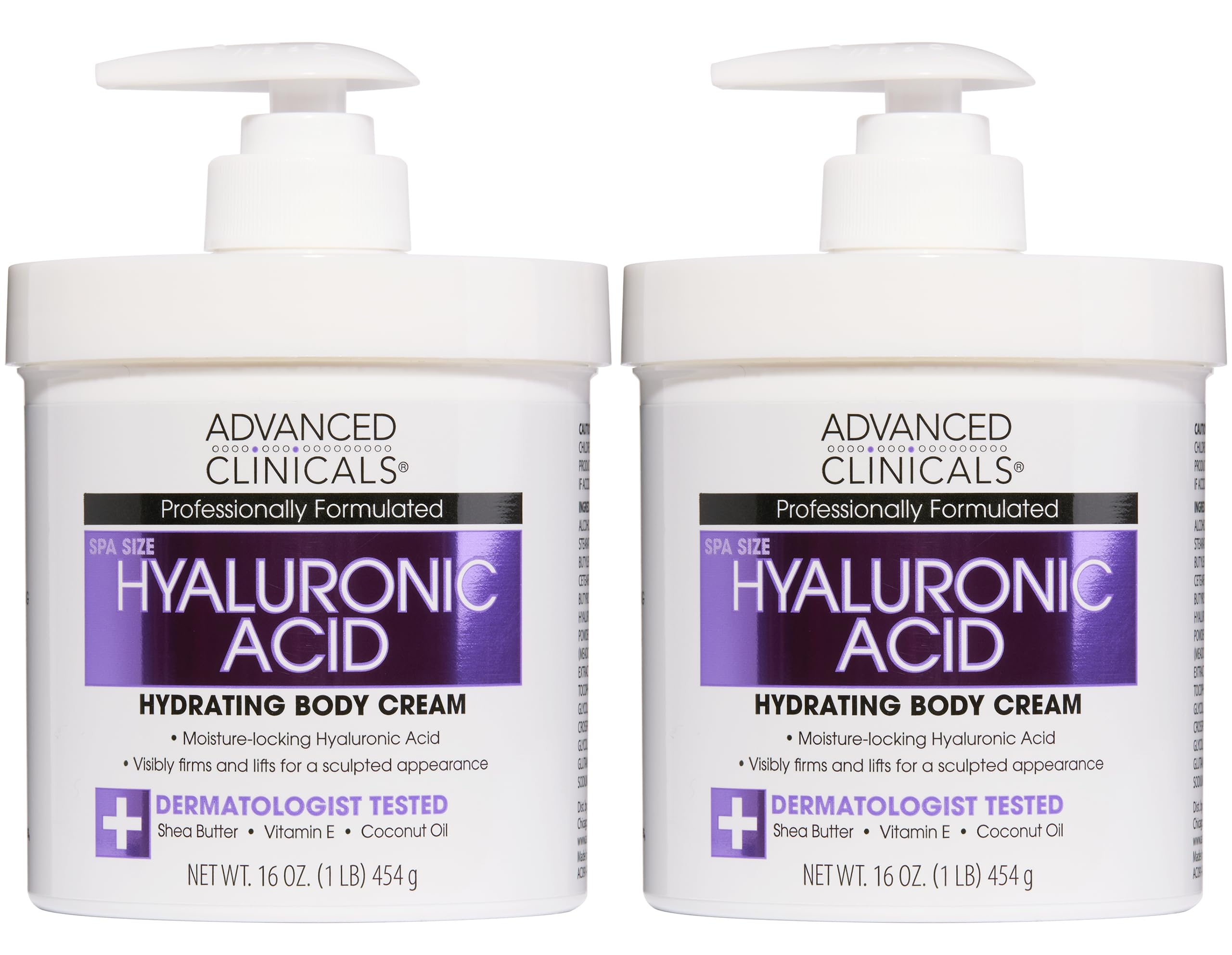 Advanced Clinicals Anti-aging Hyaluronic Acid Cream for face, body, hands. Instant hydration for skin, spa size. (Two - 16oz)