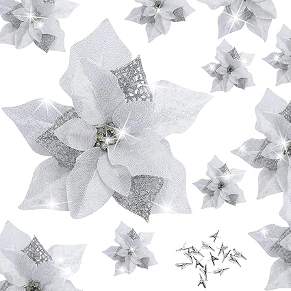15 Pieces Christmas Glitter Poinsettia with Clips Christmas Poinsettia Decorations Artificial Poinsettia Flowers Ornament Christmas Flowers for New Year Wedding Home Decoration 8.7inch/22cm Silver