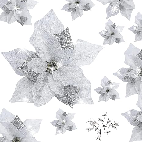 15 Pieces Christmas Glitter Poinsettia with Clips Christmas Poinsettia Decorations Artificial Poinsettia Flowers Ornament Christmas Flowers for New Year Wedding Home Decoration 8.7inch/22cm Silver