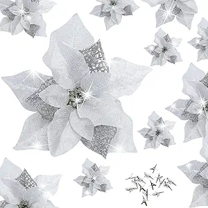 15 Pieces Christmas Glitter Poinsettia with Clips Christmas Poinsettia Decorations Artificial Poinsettia Flowers Ornament Christmas Flowers for New Year Wedding Home Decoration 8.7inch/22cm Silver