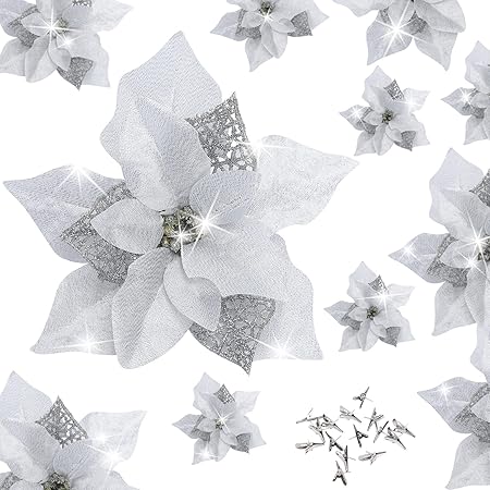 15 Pieces Christmas Glitter Poinsettia with Clips Christmas Poinsettia Decorations Artificial Poinsettia Flowers Ornament Christmas Flowers for New Year Wedding Home Decoration 8.7inch/22cm Silver
