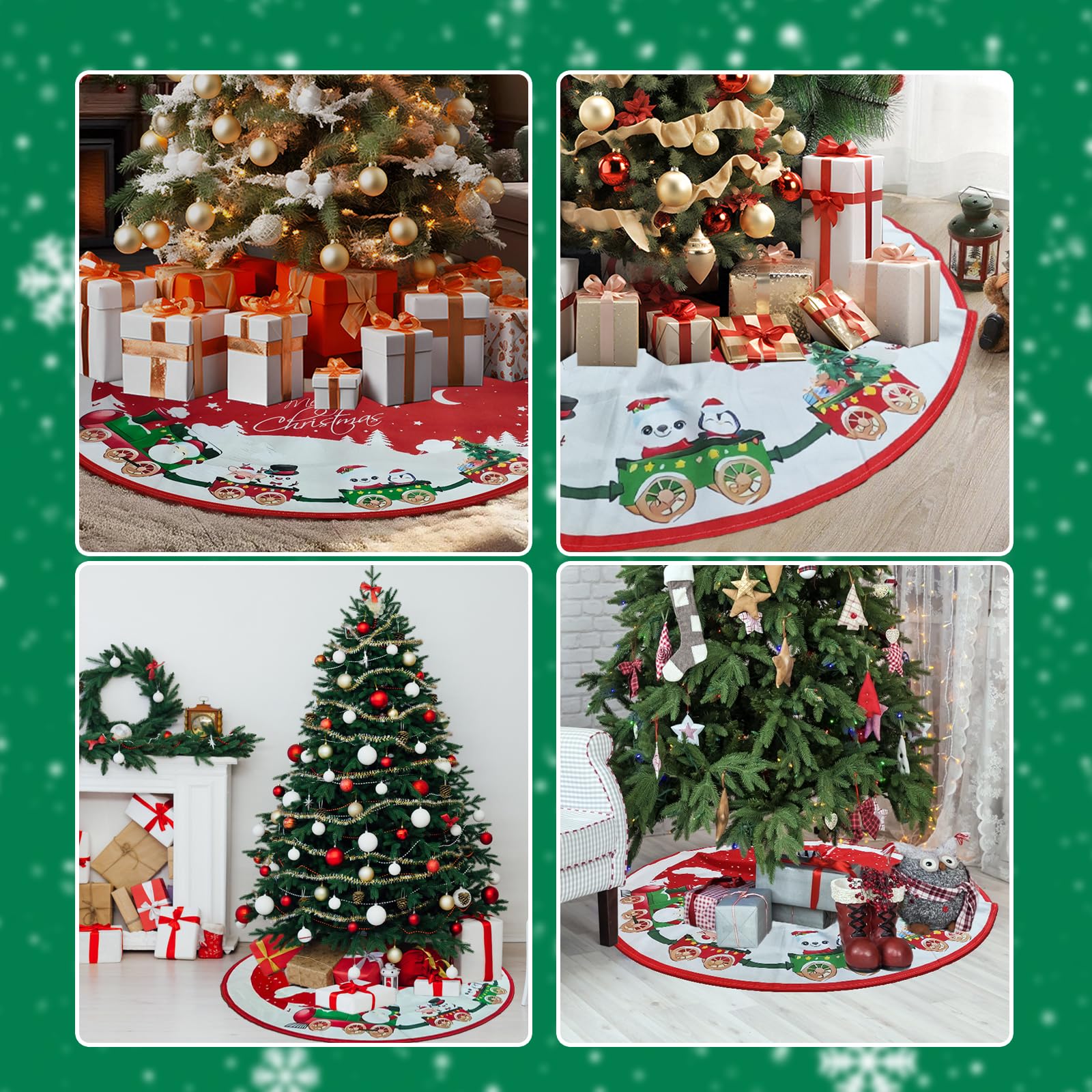 Falda de Árbol de Navidad, Alfombra de Árbol de Navidad, con Motivos de Muñecos de Nieve, Copos de Nieve y Trenes, para la Decoración Navideña del Hogar, Rojo
