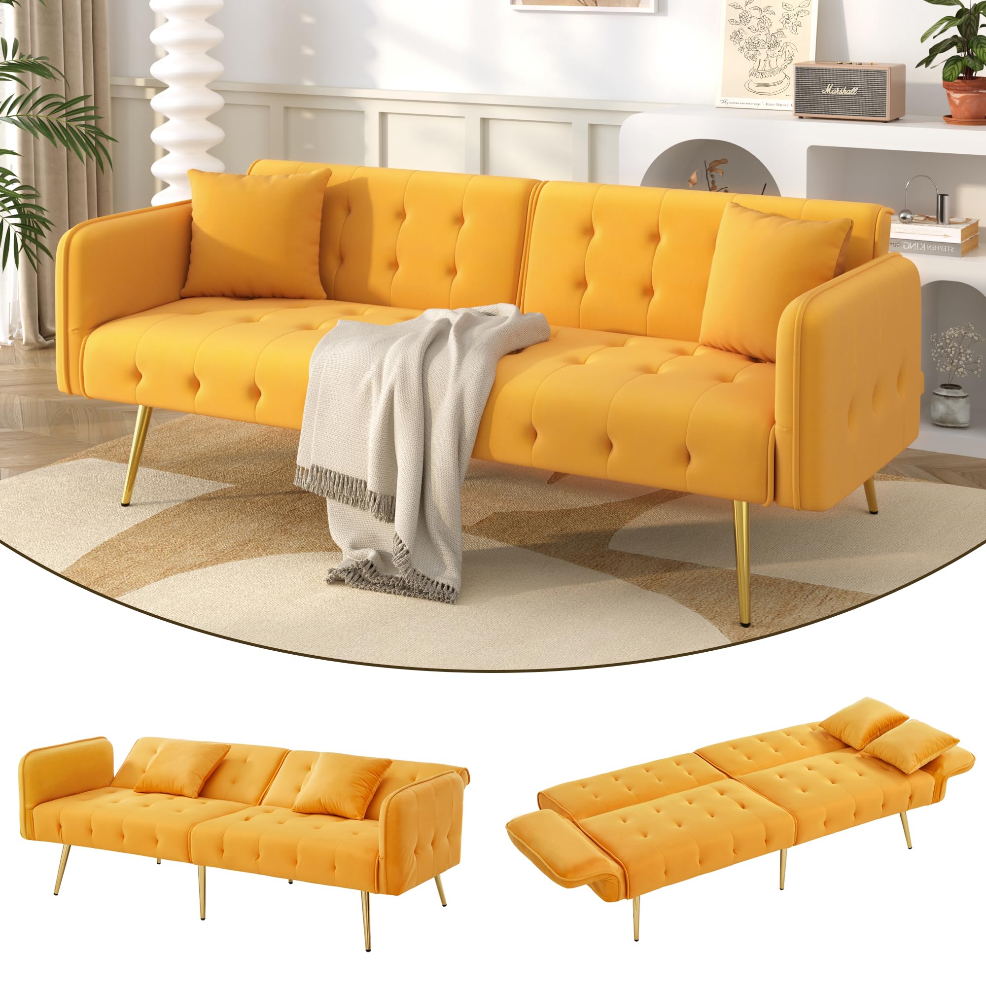 Divano letto a due posti multifunzione con funzione letto, schienale regolabile + braccioli a più cifre, moderno divano pieghevole per soggiorno, rivestimento in velluto, ampia zona notte